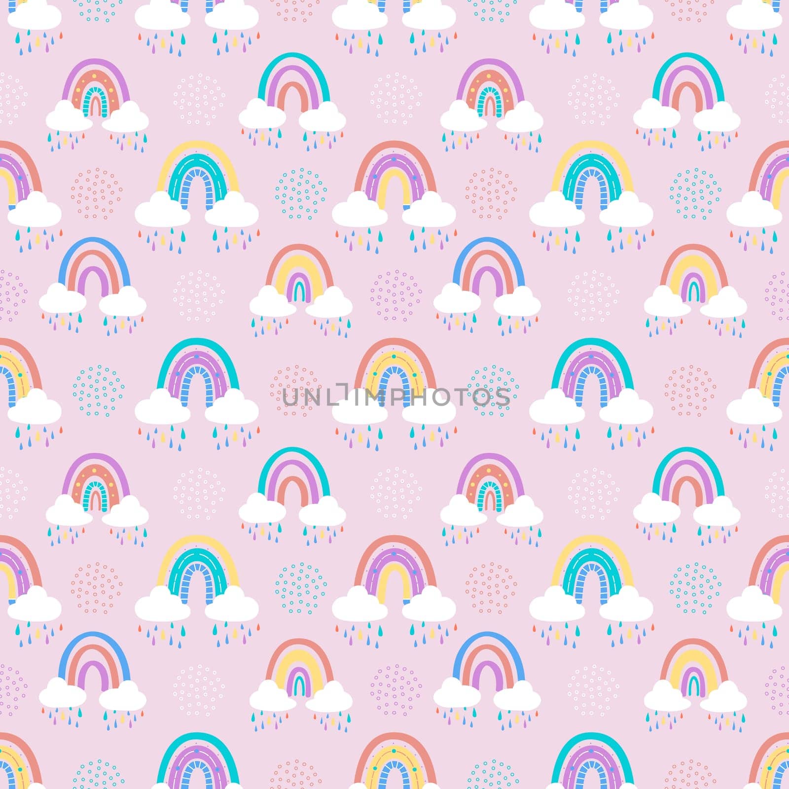 .Abstract rainbow with clouds and raindrops, doodles and circles in a seamless pattern. Childrens pattern in muted pastel colors. Hand-drawn illustration