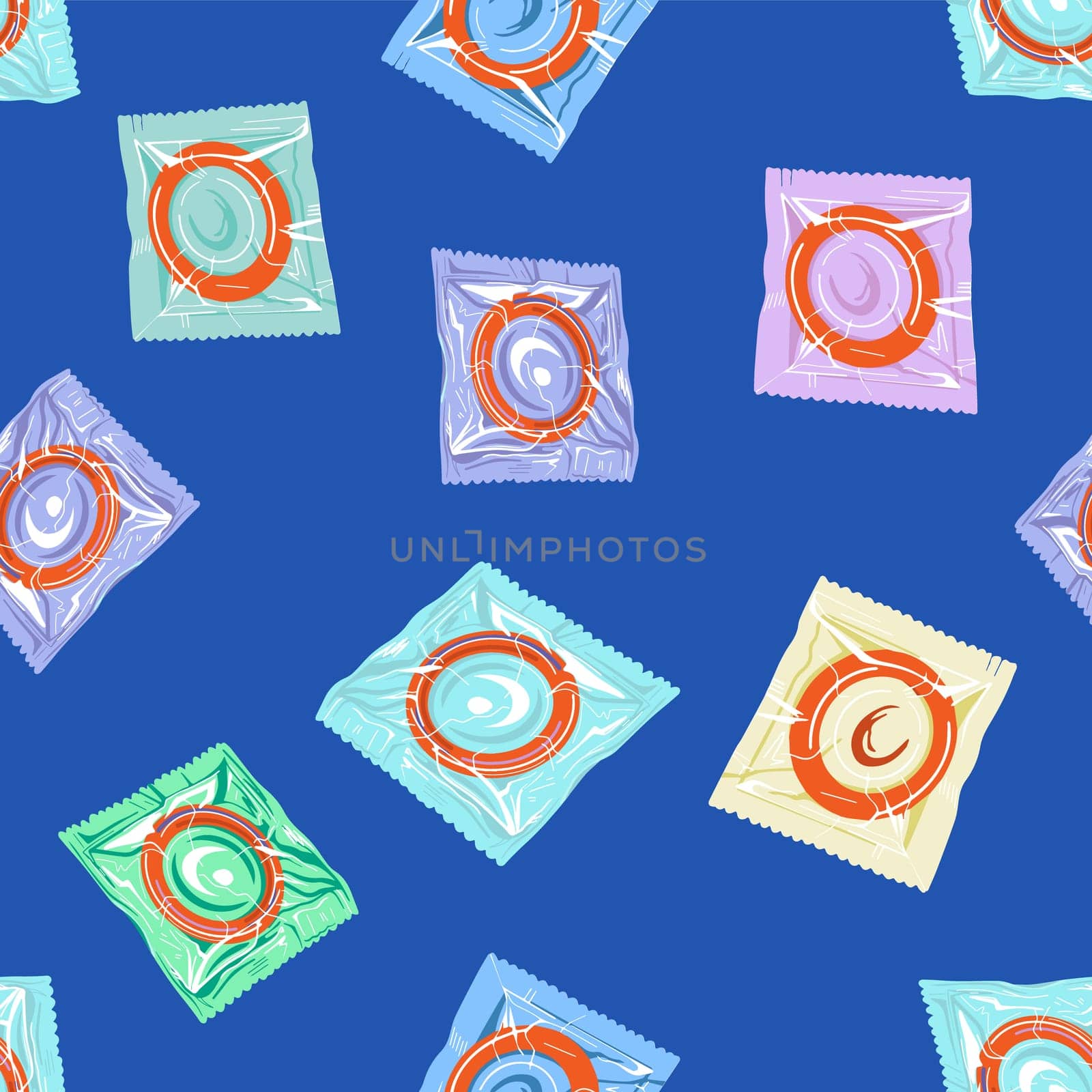 Seamless pattern with colorful condoms.The concept of safe sex. World contraception day. Latex contraceptives in the package.Prevention of AIDS, HIV, and sexually transmitted diseases