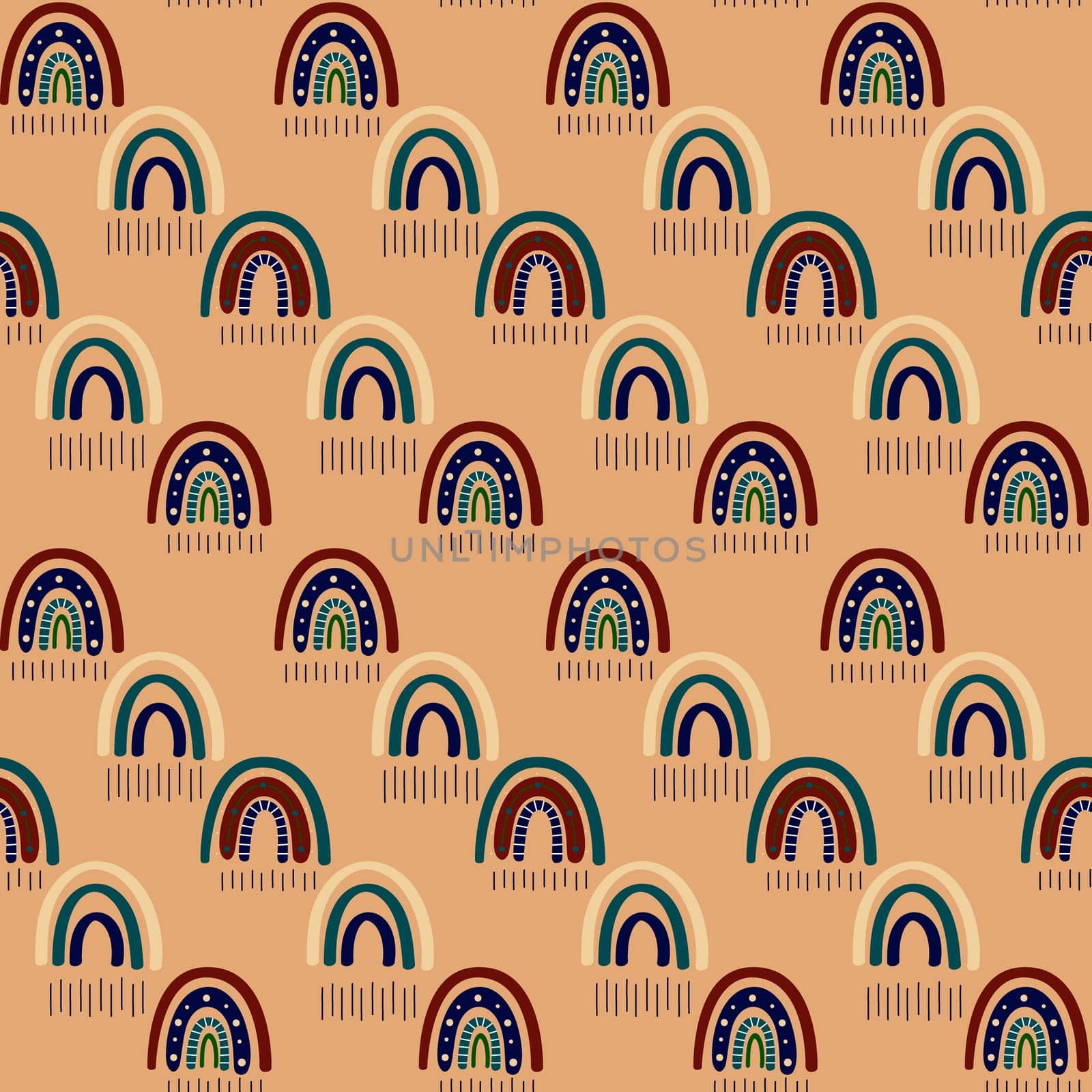 .Abstract rainbow with clouds and raindrops, doodles and circles in a seamless pattern. Childrens pattern in muted pastel colors. Hand-drawn illustration