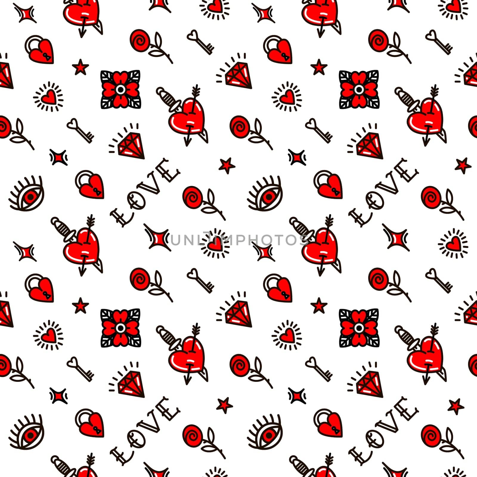 Valentines Day in old school style seamless pattern. Design For Valentines Day, Stilts, Wrapping Paper, Packaging, Textiles