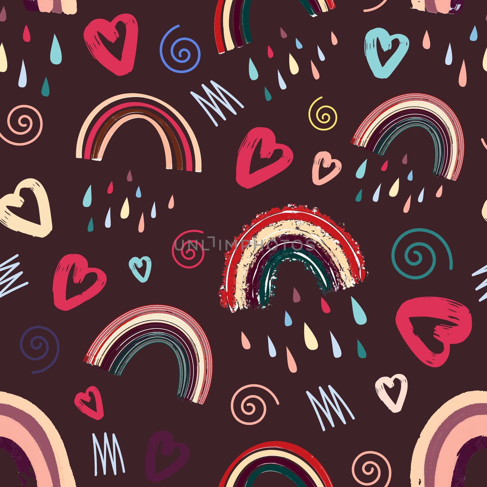 Cute rainbow and dragonfly seamless pattern. Scandinavian pattern in muted pastel colors. Hand-drawn illustration. Design for textiles, packaging, wrappers