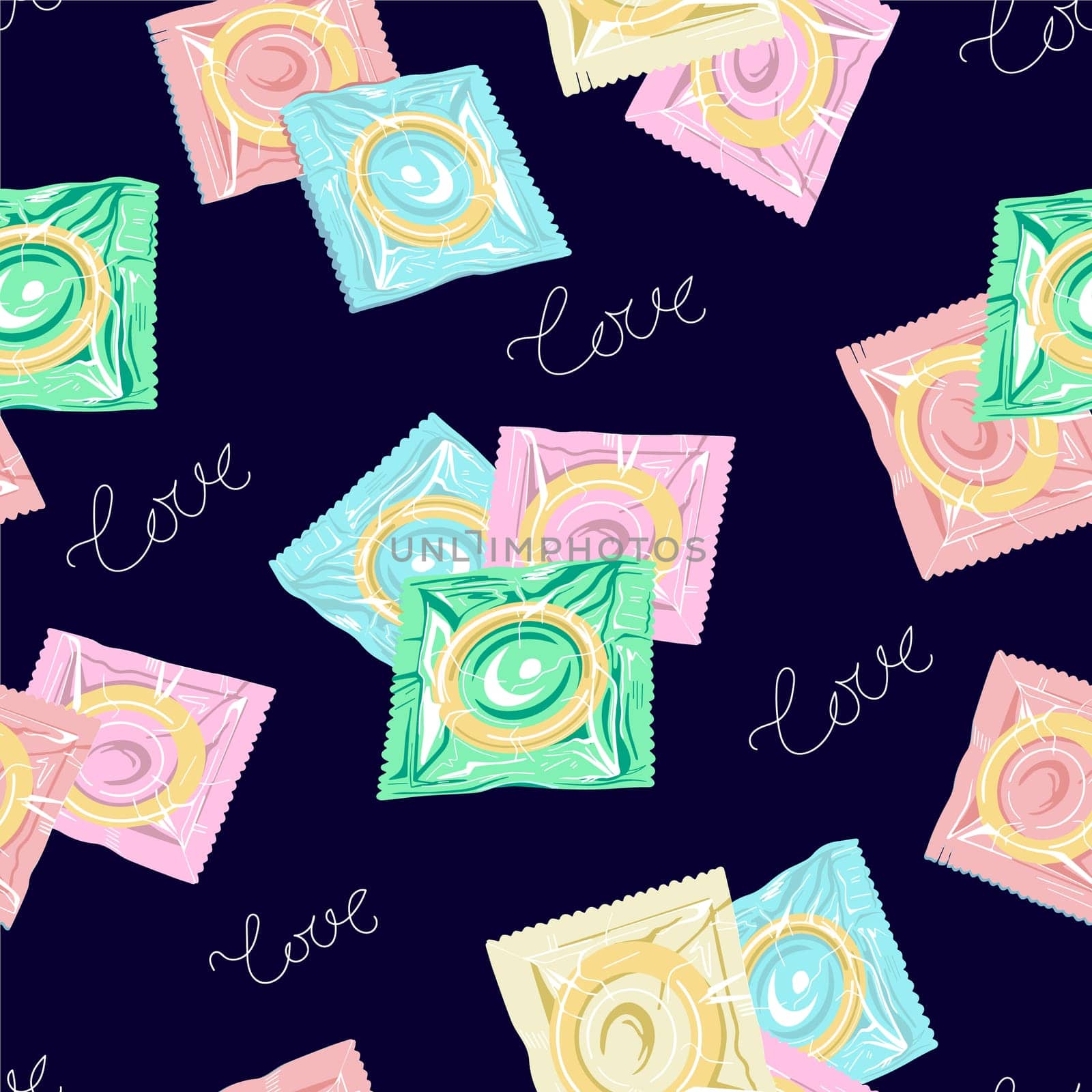 Seamless pattern with colorful condoms.The concept of safe sex. World contraception day. Latex contraceptives in the package.Prevention of AIDS, HIV, and sexually transmitted diseases