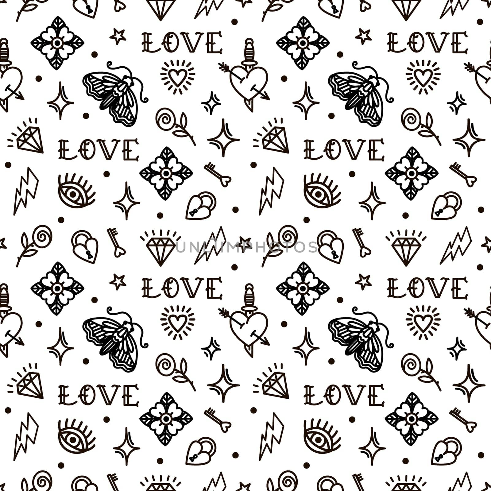 Valentines Day in old school style seamless pattern illustration. Design For Valentines Day, Stilts, Wrapping Paper, Packaging, Textiles