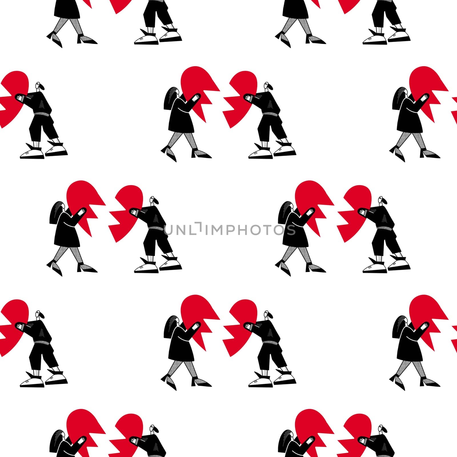 Lovers pattern.Seamless pattern for Valentines Day. A guy and a girl are holding a broken heart illustration