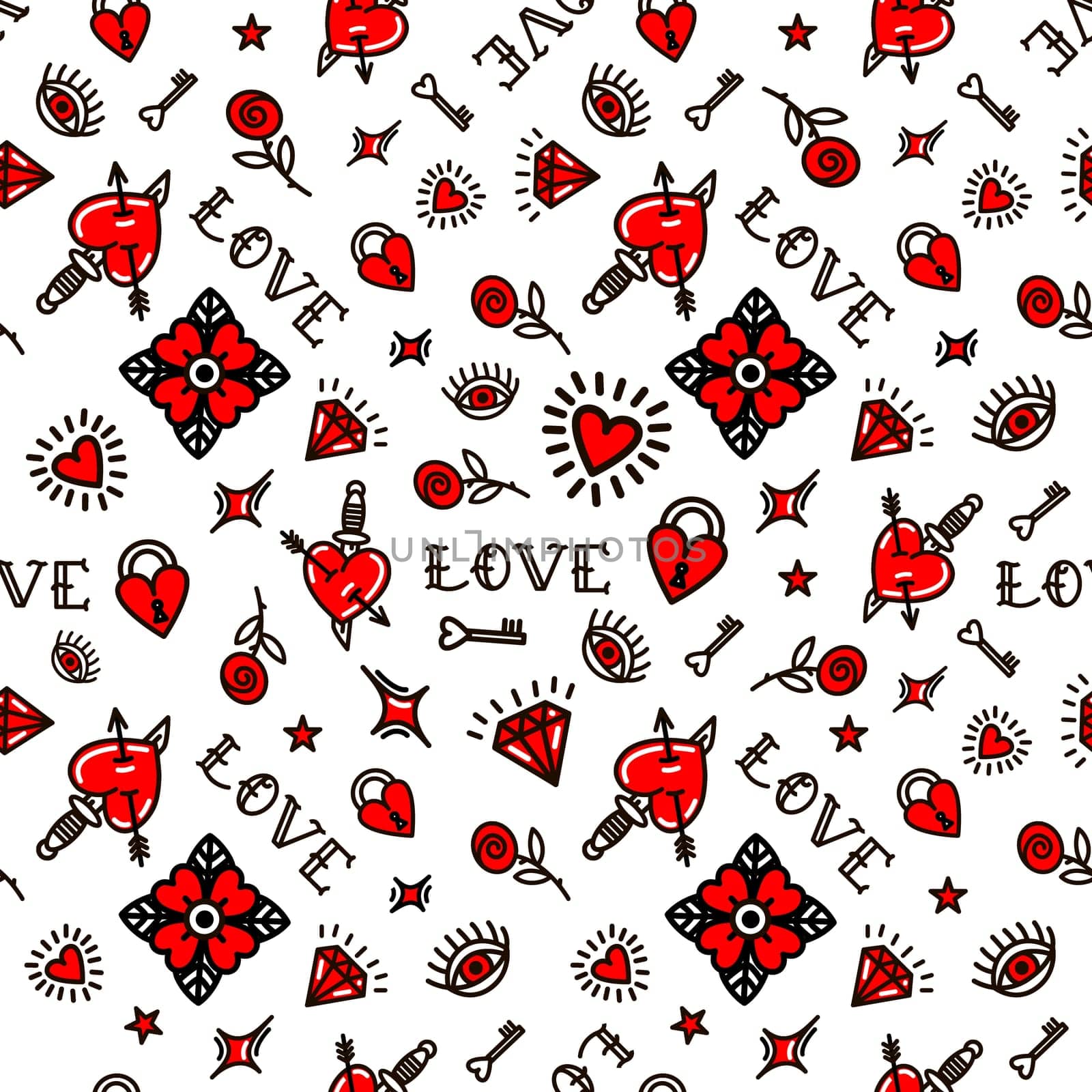 Valentines Day in old school style seamless pattern. Design For Valentines Day, Stilts, Wrapping Paper, Packaging, Textiles