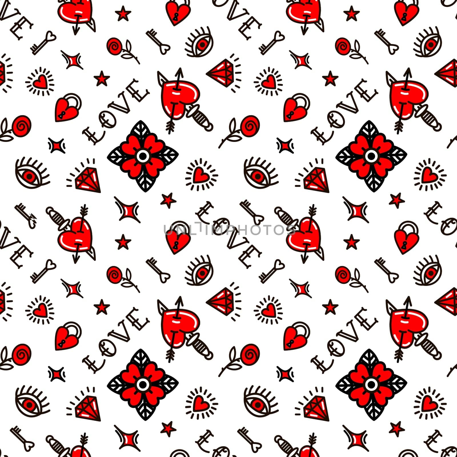 Valentines Day in old school style seamless pattern illustration. Design For Valentines Day, Stilts, Wrapping Paper, Packaging, Textiles