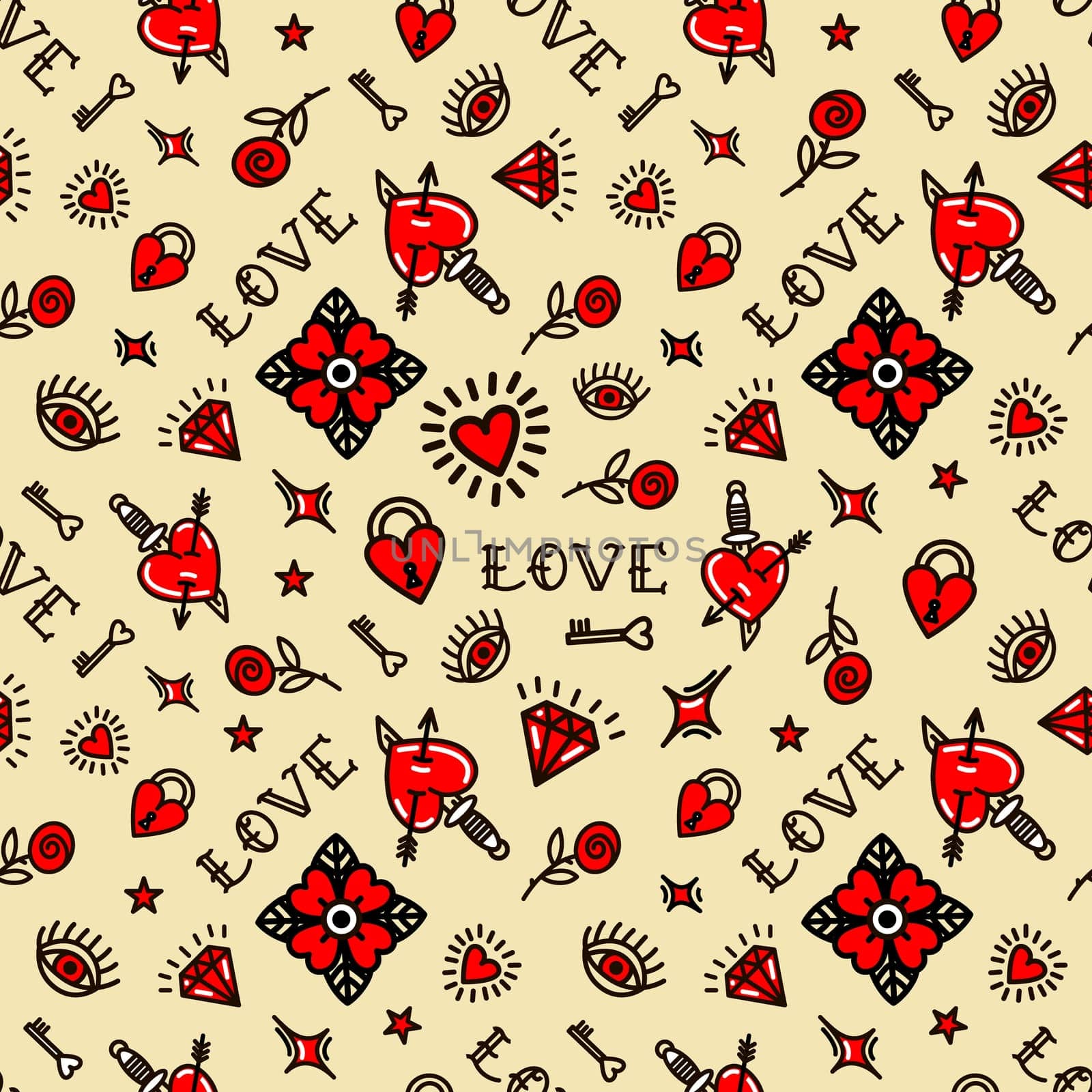 Valentines Day in old school style seamless pattern. Design For Valentines Day, Stilts, Wrapping Paper, Packaging, Textiles