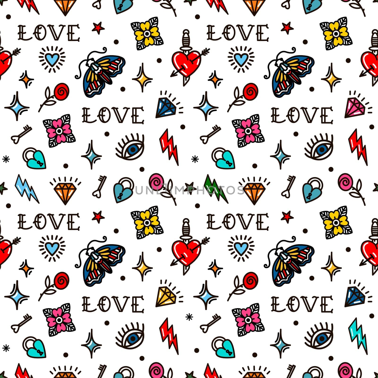 Old school tattoo seamless pattern with love symbols. Design For Valentines Day, Stilts, Wrapping Paper, Packaging, Textiles