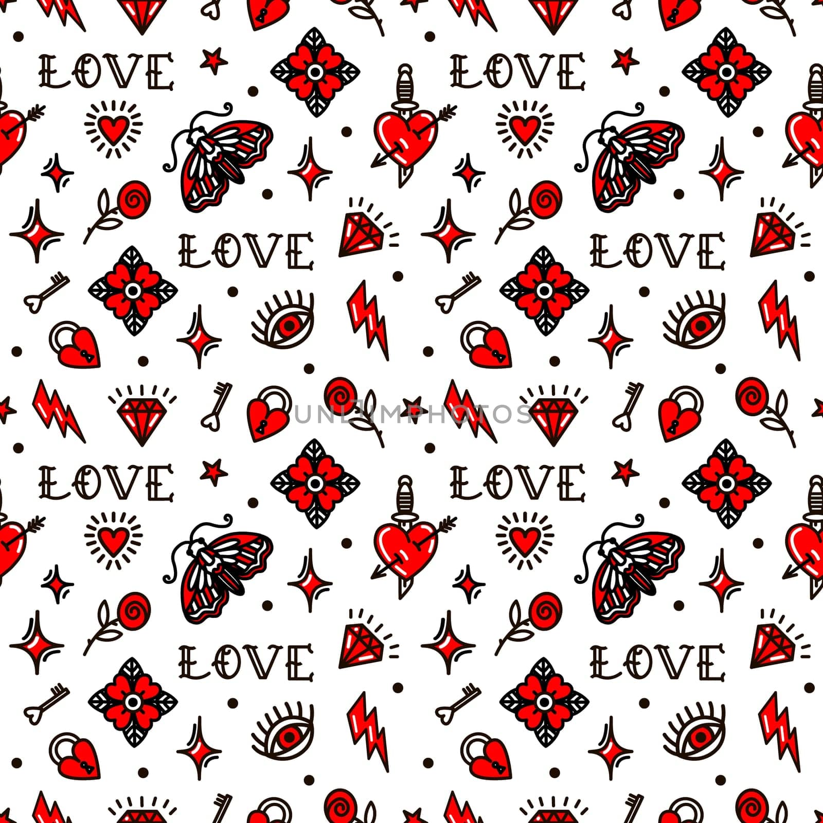 Valentines Day in old school style seamless pattern illustration. Design For Valentines Day, Stilts, Wrapping Paper, Packaging, Textiles