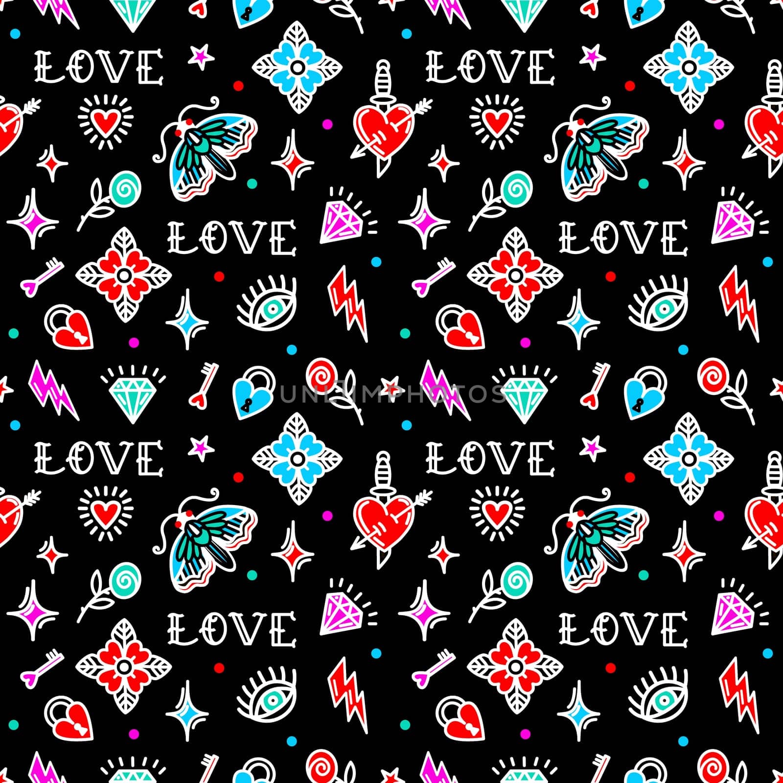 monochrome Old School Style Pattern for Valentine's Day. Background with love symbols