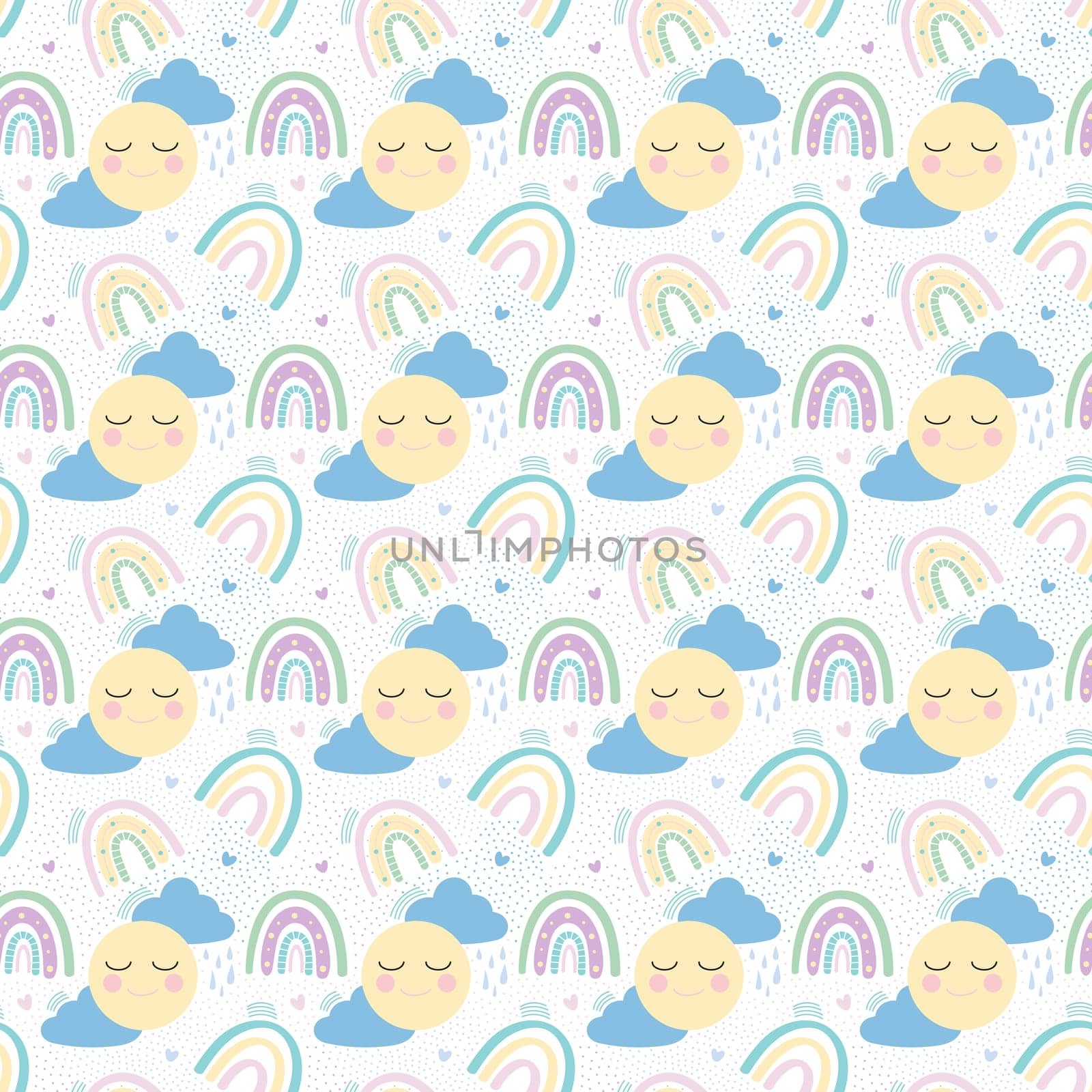 Rainbow with clouds, sun and hearts seamless pattern. Delicate childrens pattern. Design for textiles, paper, printing illustration