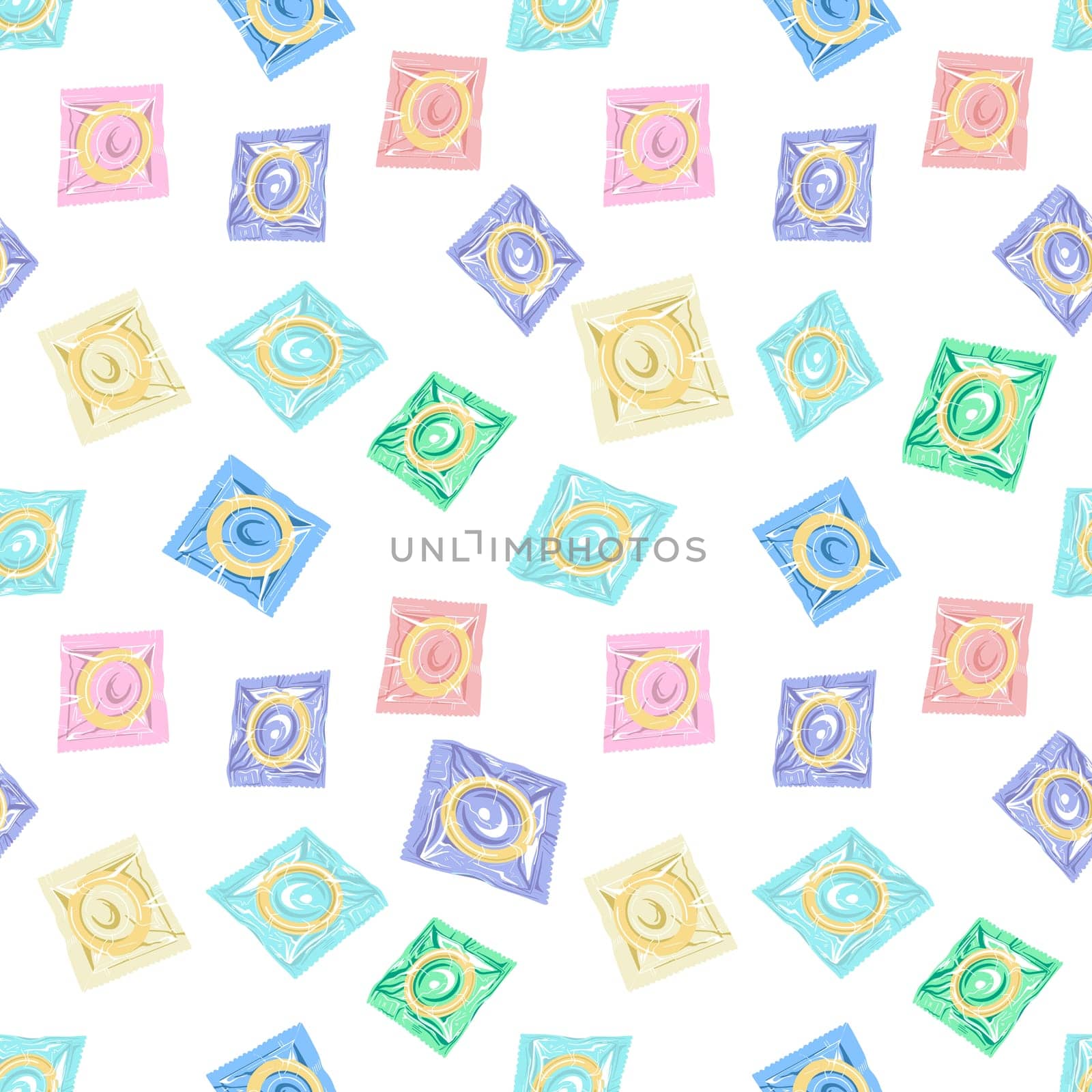 Seamless pattern with colorful condoms.The concept of safe sex. World contraception day. Latex contraceptives in the package.Prevention of AIDS, HIV, and sexually transmitted diseases