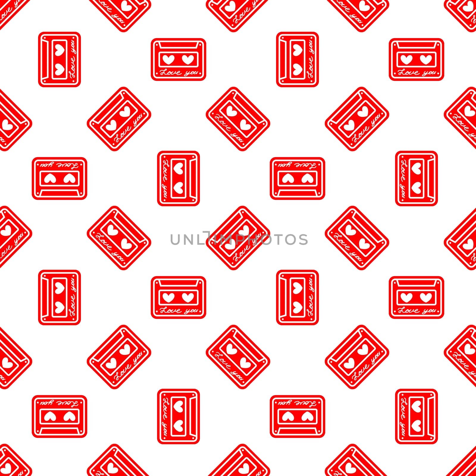 Seamless background with cassette and hearts. Design for Valentines Day illustration. Design for Valentines