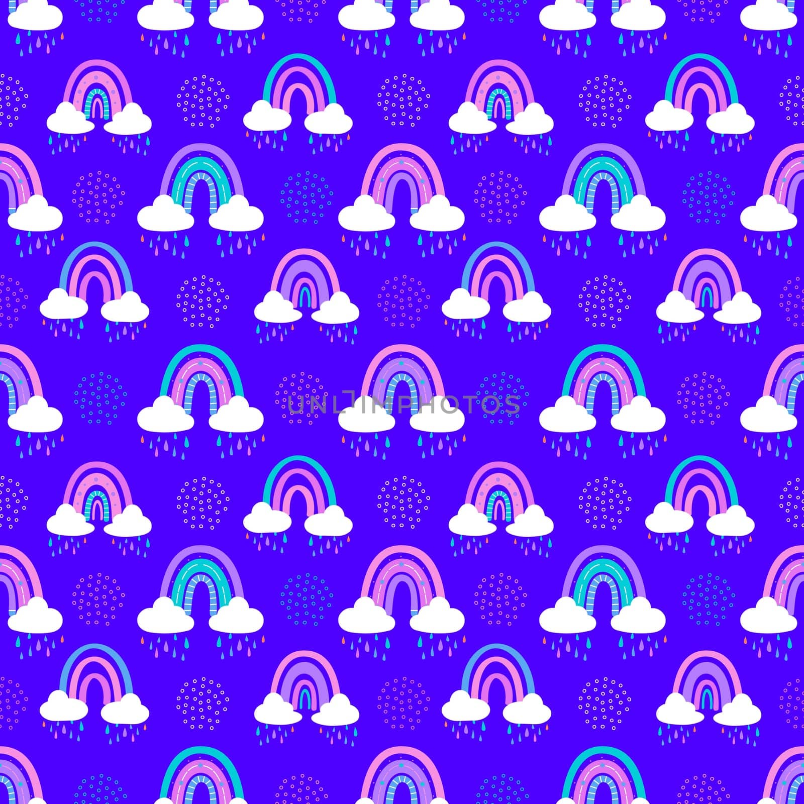 .Abstract rainbow with clouds and raindrops, doodles and circles in a seamless pattern. Childrens pattern in muted pastel colors. Hand-drawn illustration