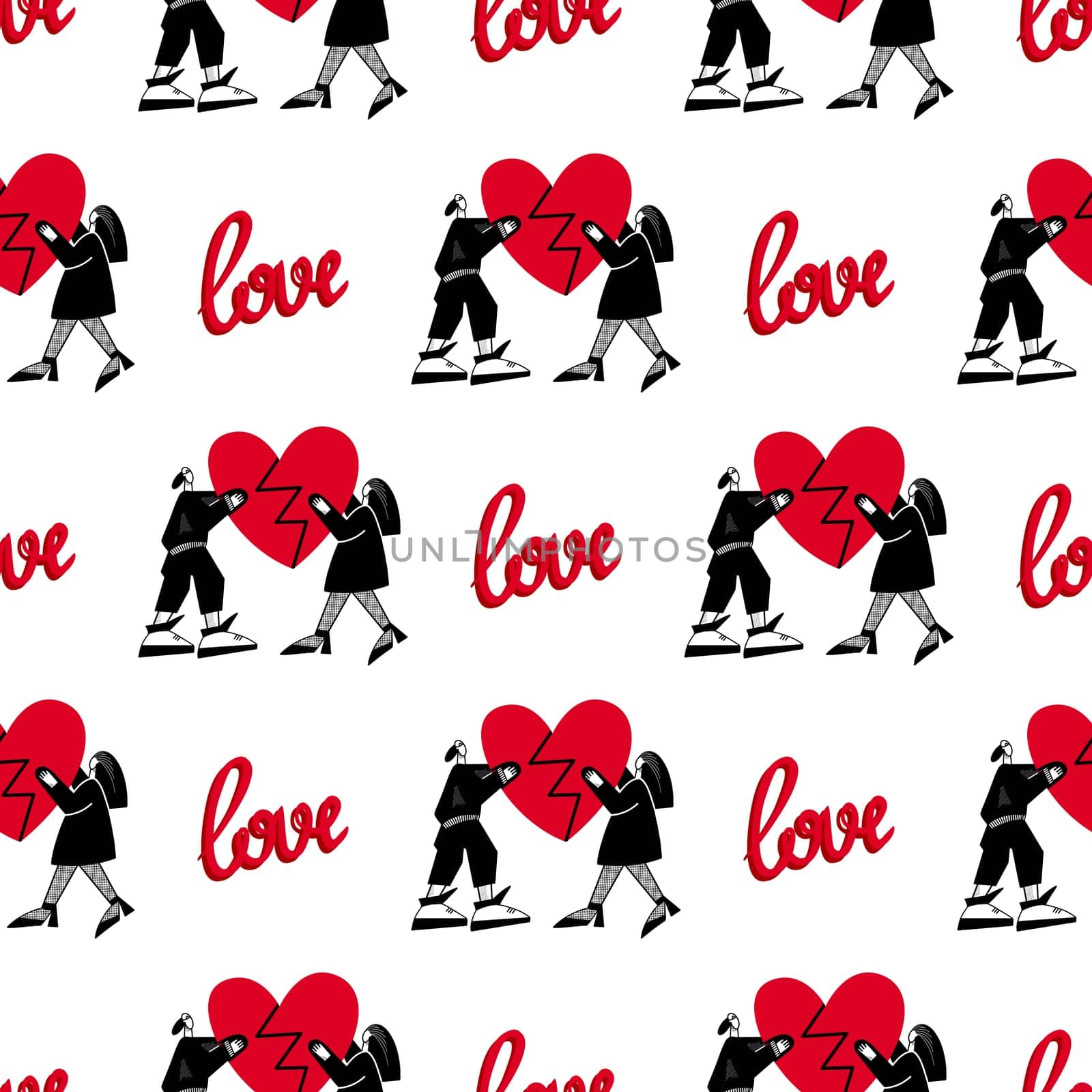 Pattern of lovers.Seamless pattern for Valentines Day. A guy and a girl are holding a broken heart illustration