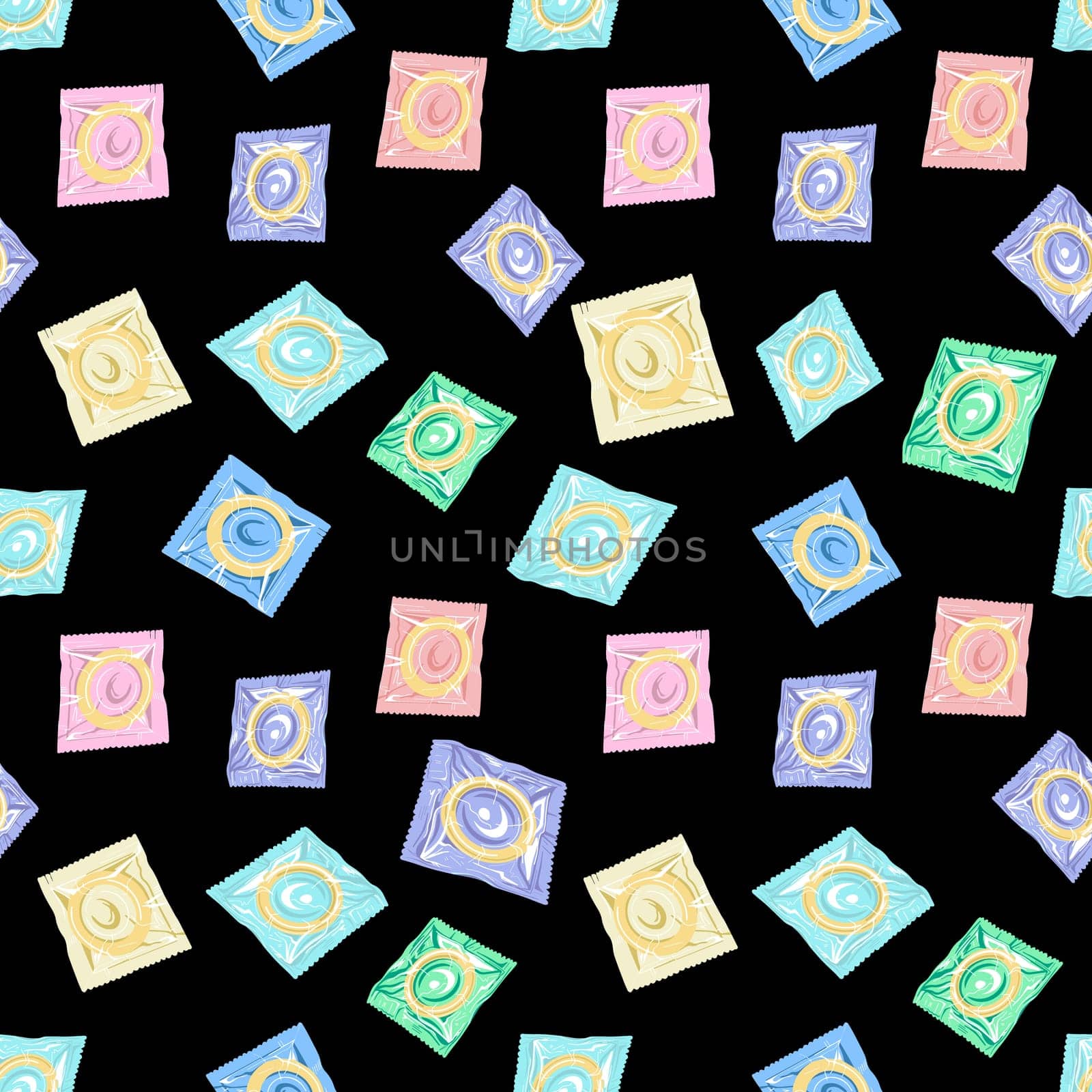 Seamless pattern with colorful condoms.The concept of safe sex. World contraception day. Latex contraceptives in the package.Prevention of AIDS, HIV, and sexually transmitted diseases