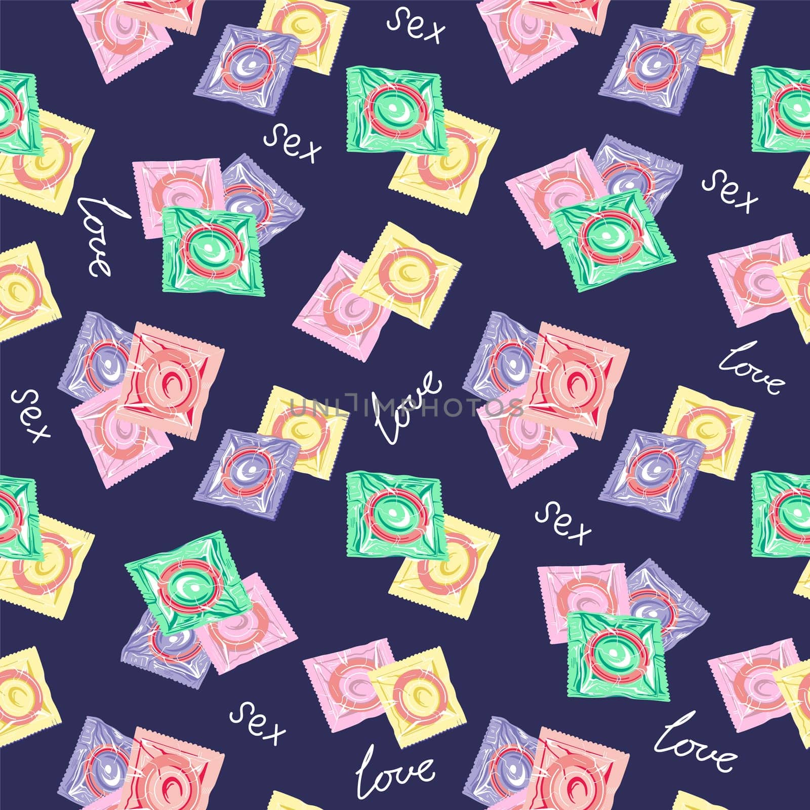 Seamless pattern with colorful condoms.The concept of safe sex. World contraception day. Latex contraceptives in the package.Prevention of AIDS, HIV, and sexually transmitted diseases