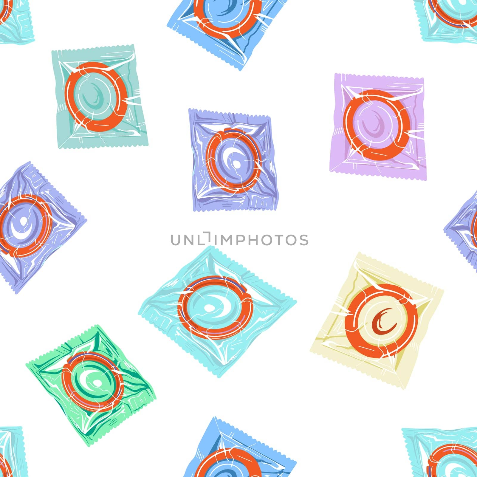Seamless pattern with colorful condoms.The concept of safe sex. World contraception day. Latex contraceptives in the package.Prevention of AIDS, HIV, and sexually transmitted diseases