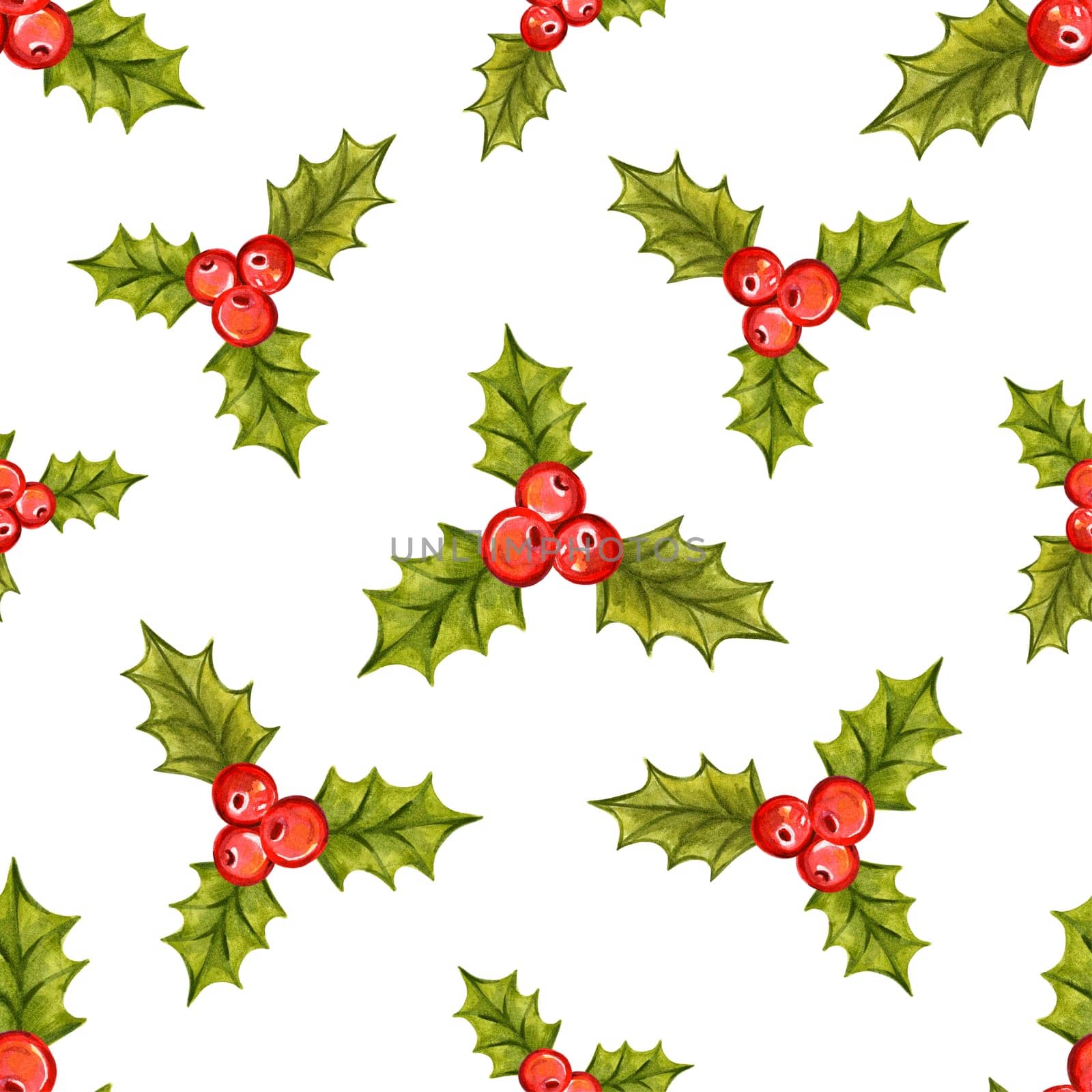 Seamless Christmas pattern with holly berries.