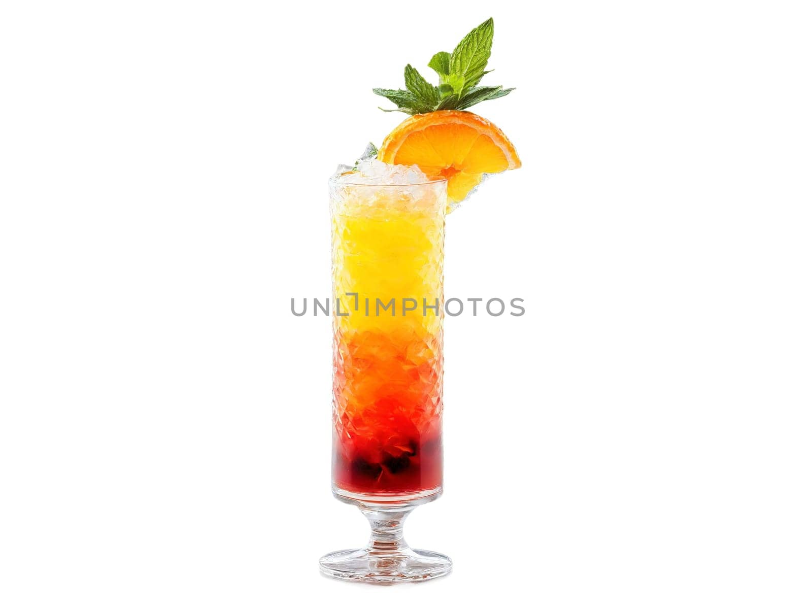 Tiki Twist A tall glass with layered orange and red liquid mint sprig and crushed. Drink isolated on transparent background.