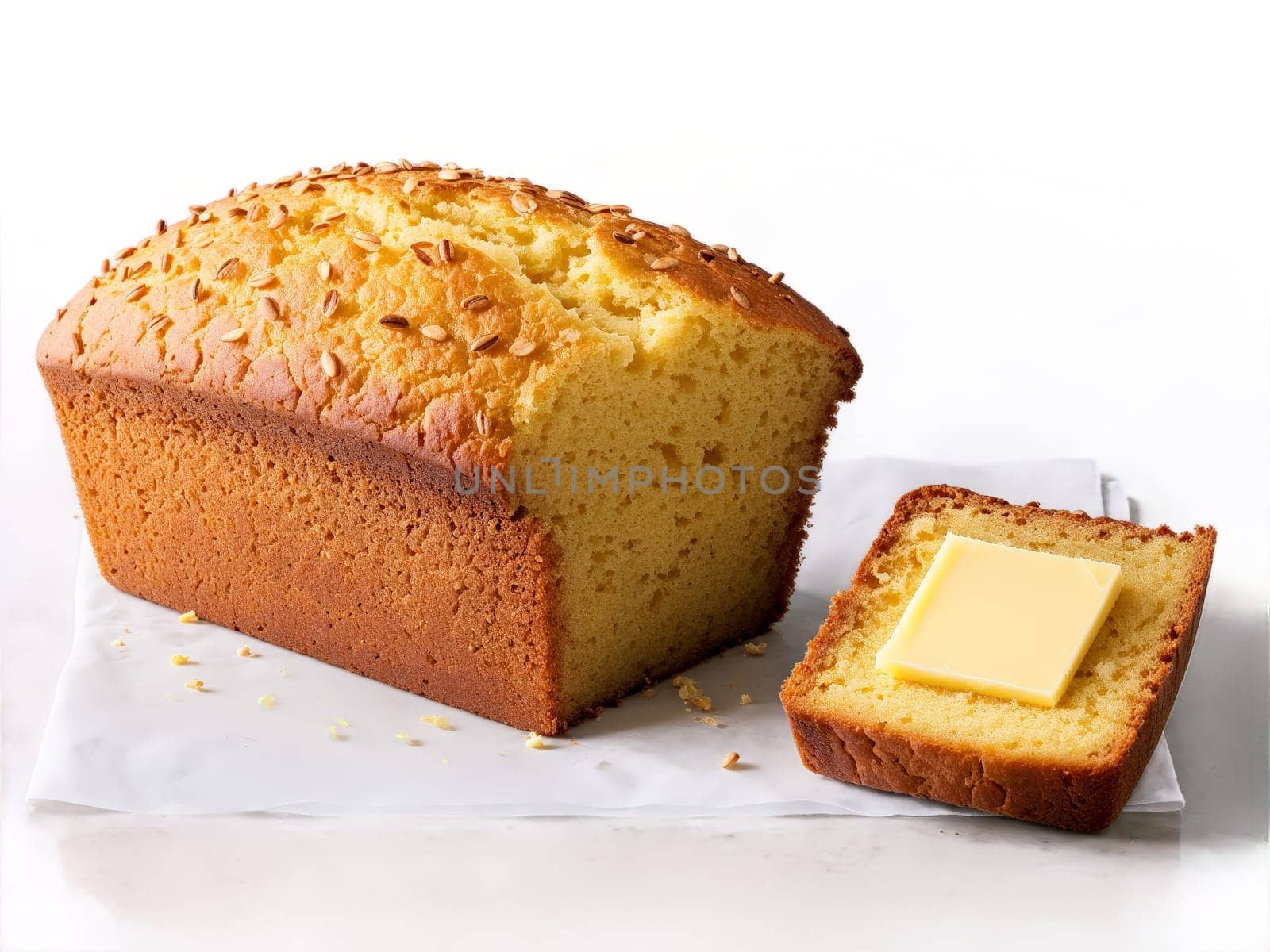 Mielie Bread Golden mielie bread South African cornbread with soft crumbly texture served with pat. Food isolated on transparent background.