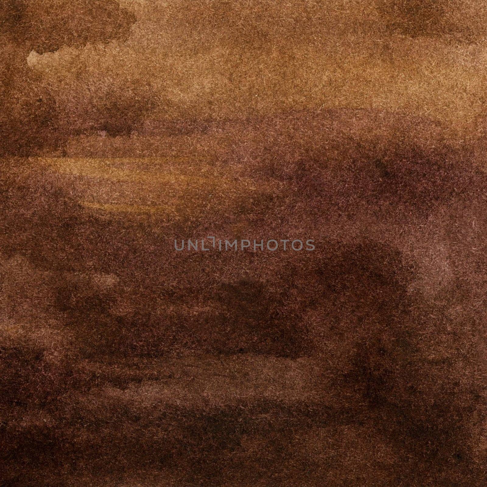 Full frame background of canvas painted with brown watercolor with uneven spotted texture. Hand drawn illustration