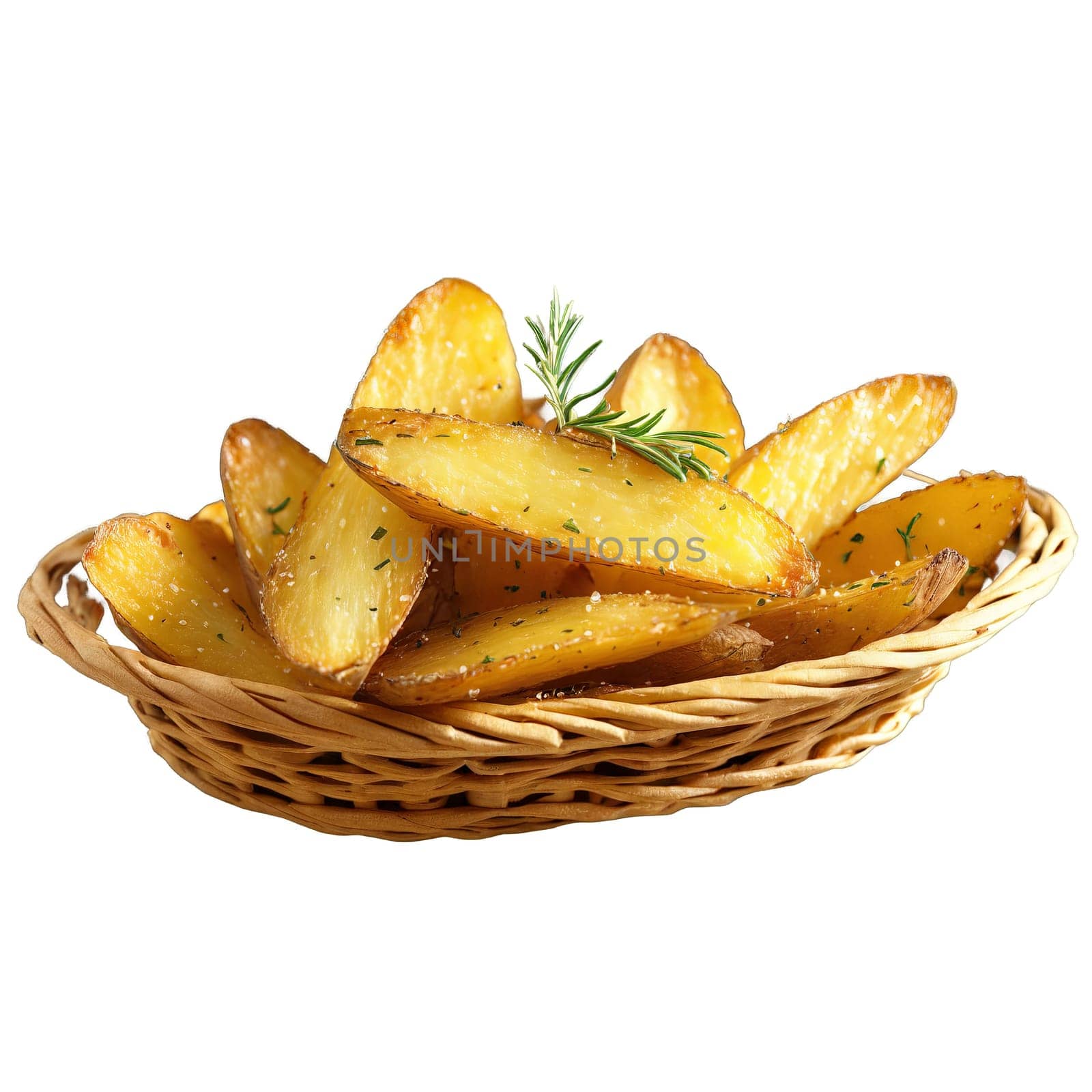 Baked potato wedges crispy sea salt rosemary sprigs served in a basket Culinary and Food. Food isolated on transparent background