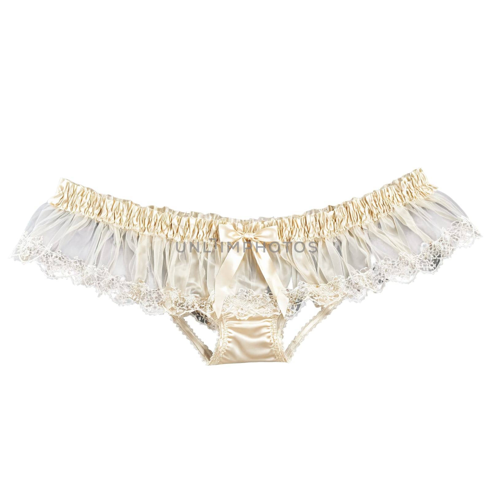 Vintage inspired ivory garter belt with scalloped edges and fine netting gently rising vivid detail. Woman lingerie isolated on transparent background.