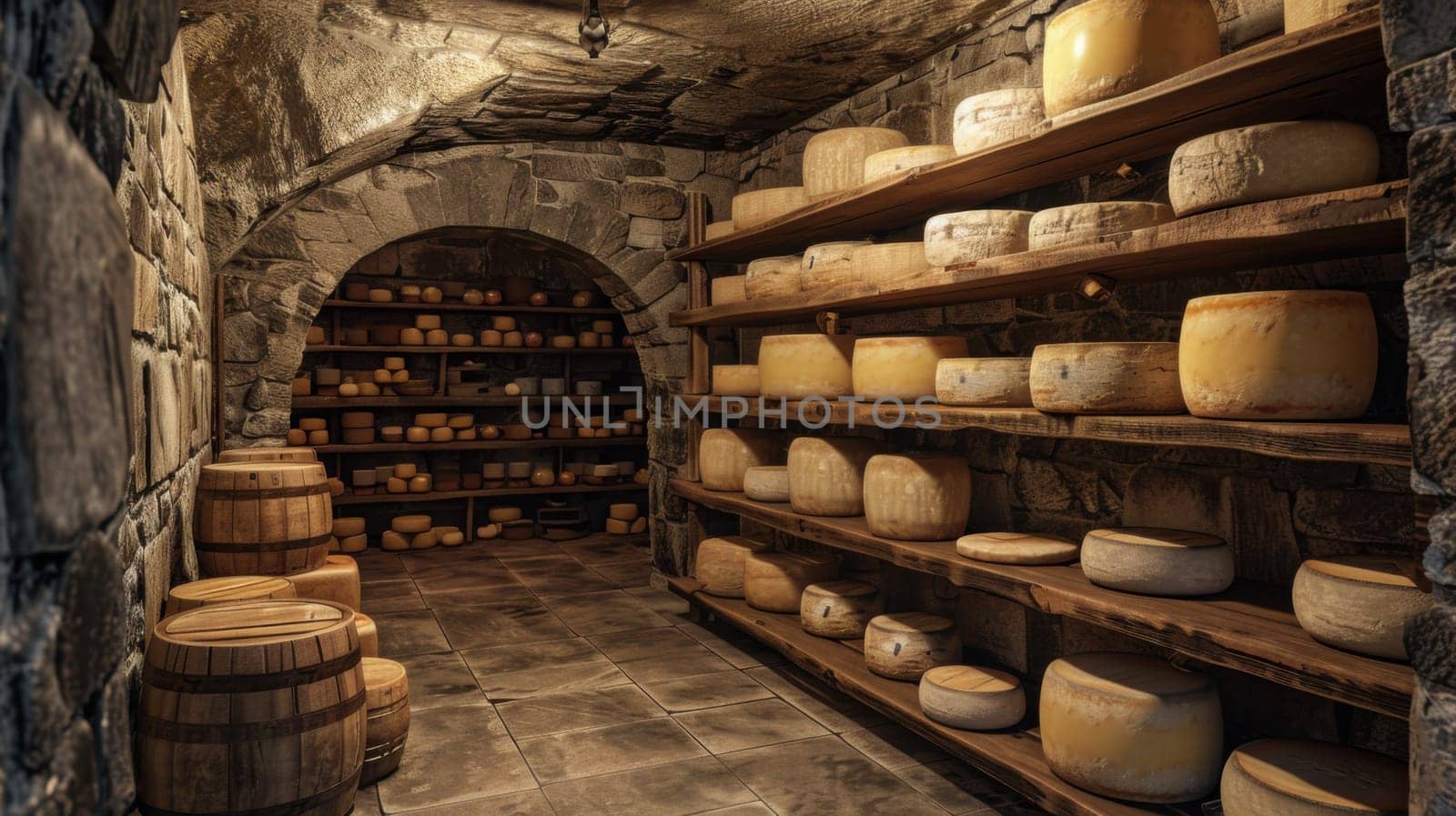 Wheels of aging cheese maturing on wooden shelves