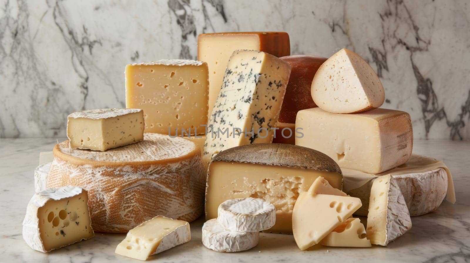 Group of various cheeses including gruyere, lavender goat cheese, provolone, parmigiano-reggiano, cheddar, and more