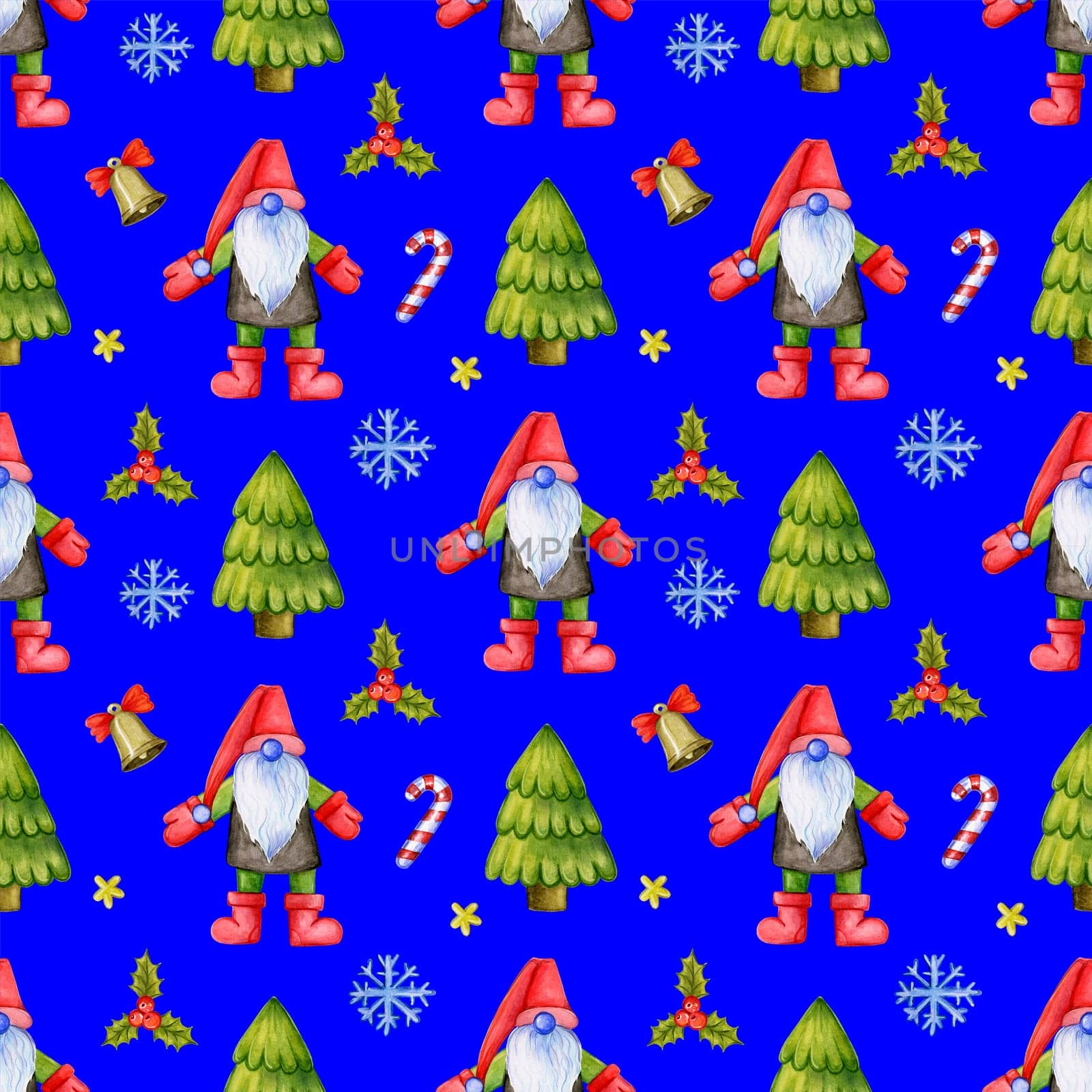 Seamless repetitive pattern with cute Christmas gnomes and fur trees and decorations depicted