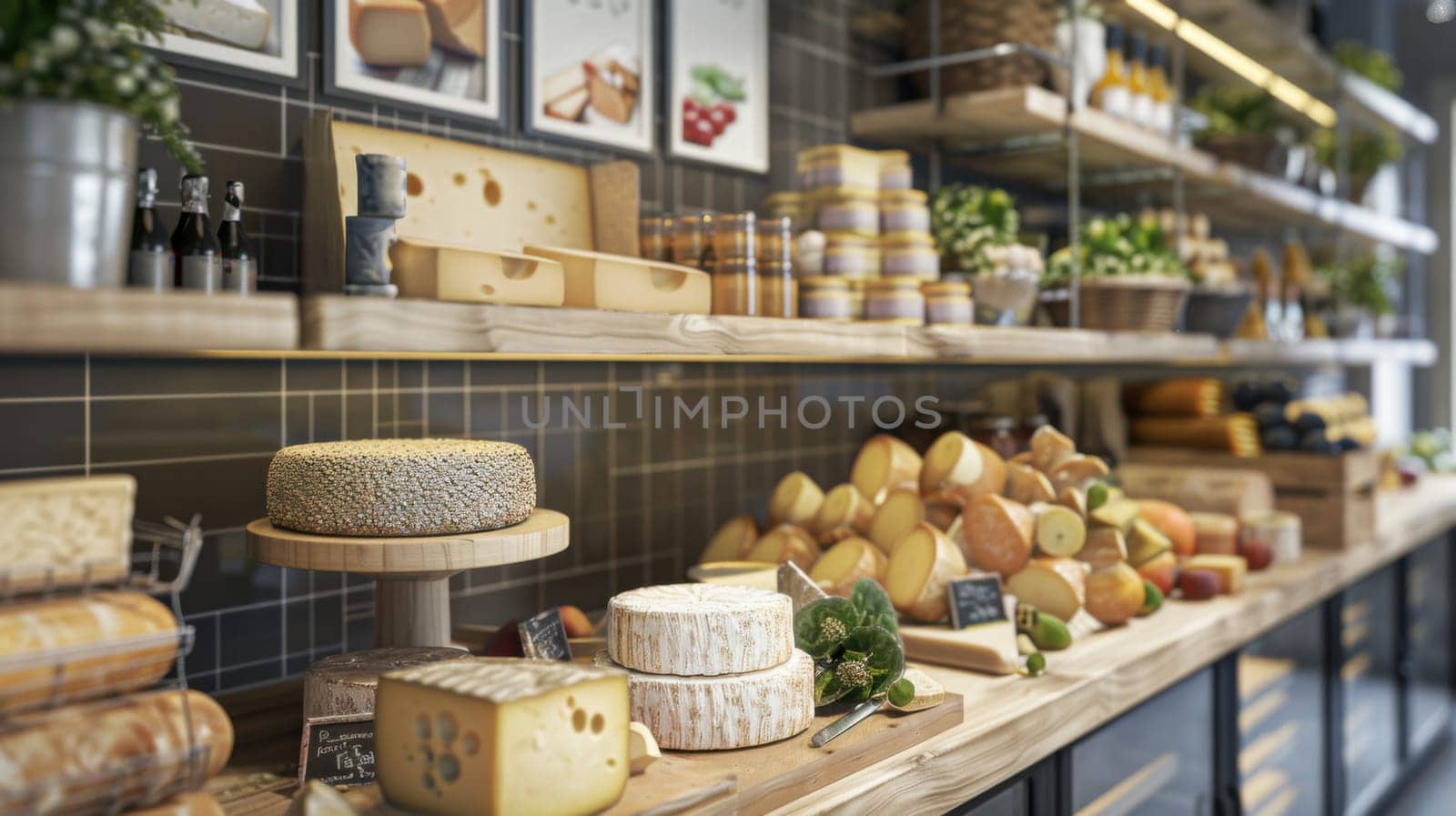 A photorealistic image of a gourmet cheese shop with an extensive display of cheeses