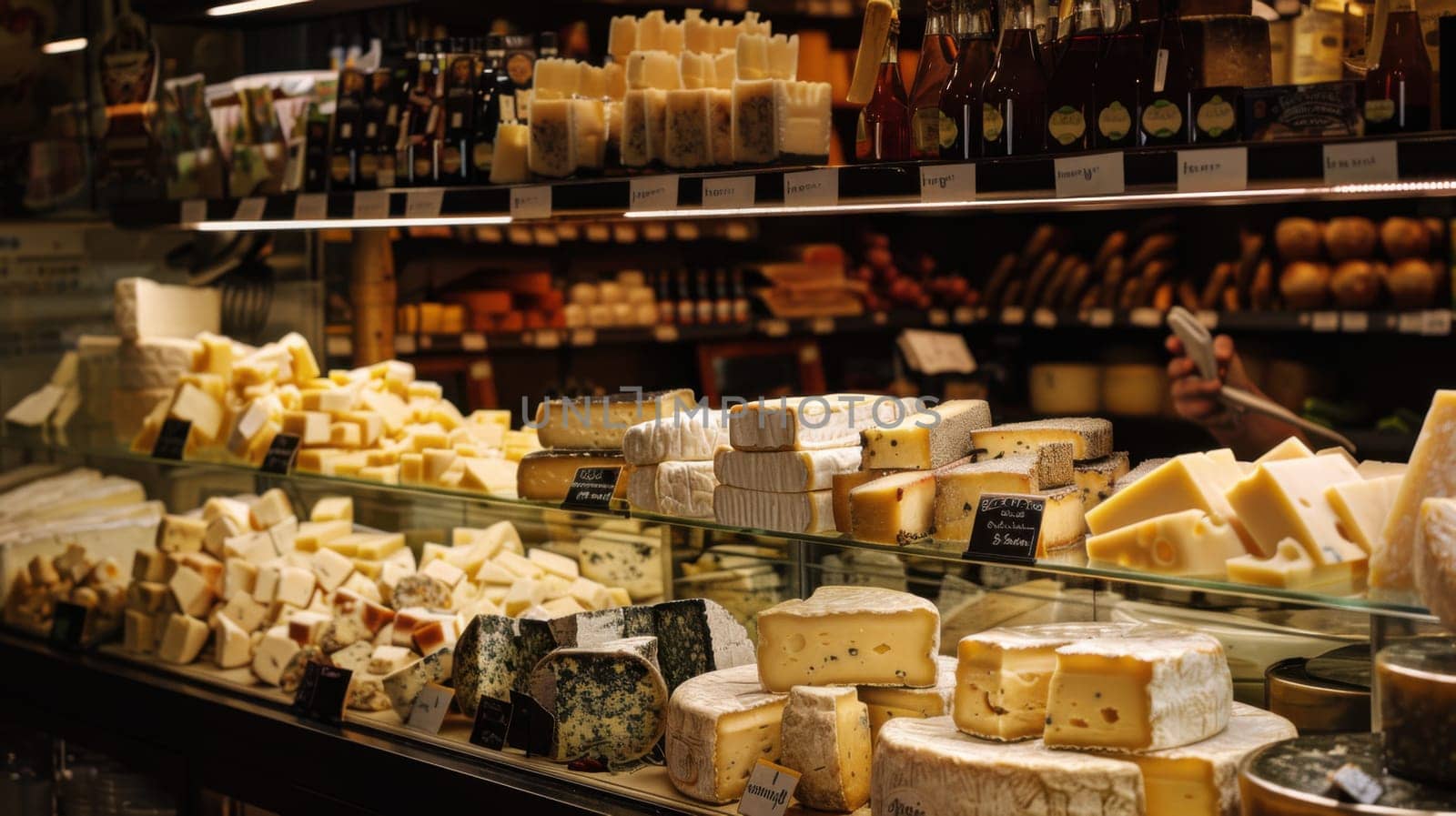 A photorealistic image of a gourmet cheese shop with an extensive display of cheeses