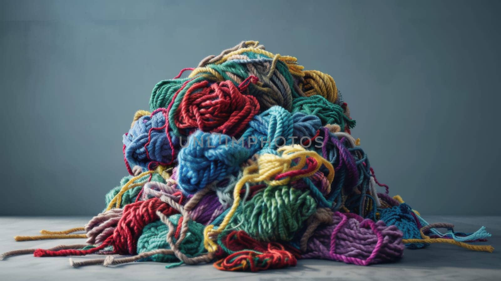 A vibrant assortment of colorful yarn balls is meticulously stacked one on top of the other, creating a visually appealing display