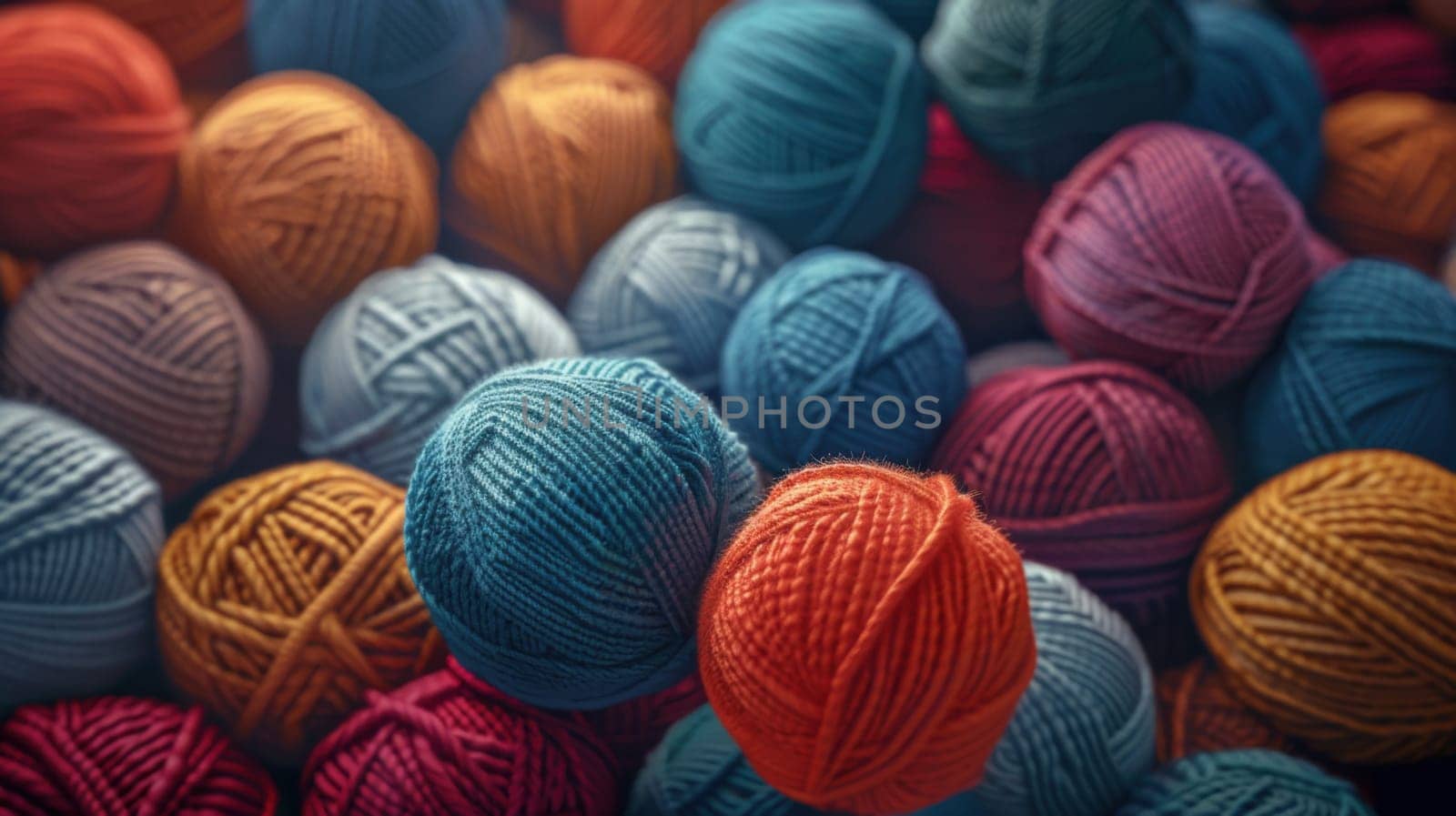 A vibrant assortment of colorful yarn balls is meticulously stacked one on top of the other, creating a visually appealing display