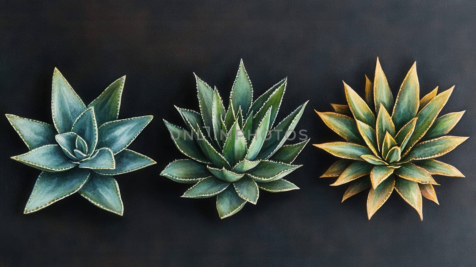 Detailed botanical watercolor showcasing succulents on dark