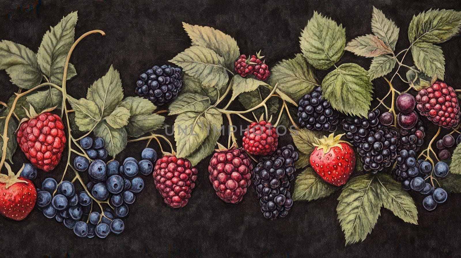 Detailed botanical drawing showcasing berries on dark background watercolor