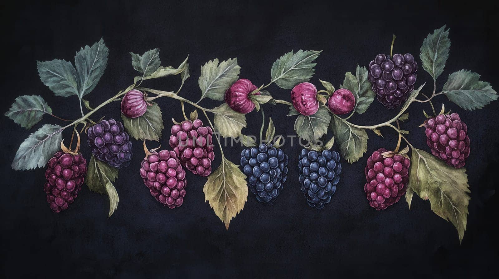Detailed botanical drawing showcasing berries on dark background watercolor