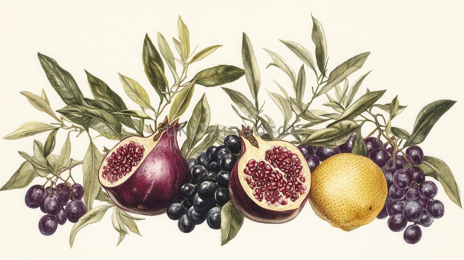 Detailed exotic fruits watercolor illustration on light