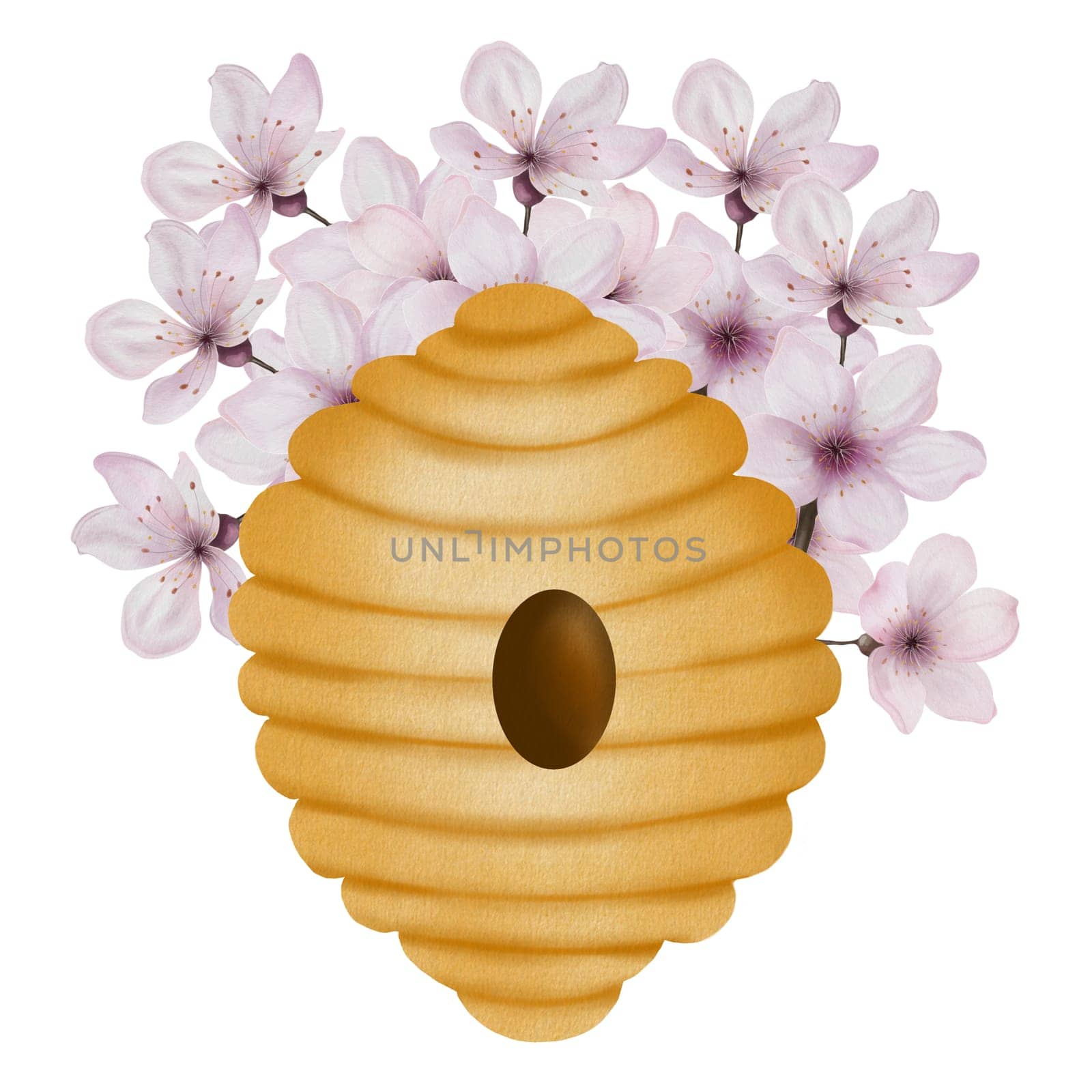 Beehive watercolor. Hand drawn bee house with flowers on isolated white background. Clip art of bumblebee dwelling. Ideal for honey shop design, natural cosmetics and bee products. High quality illustration