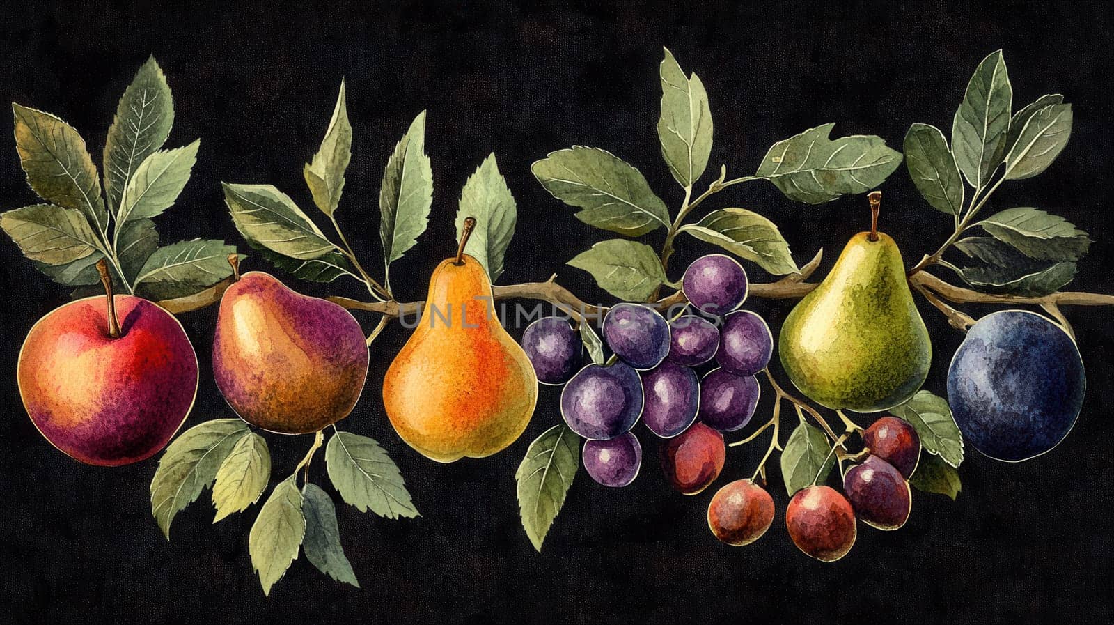 Detailed botanical drawing showcasing different fruits