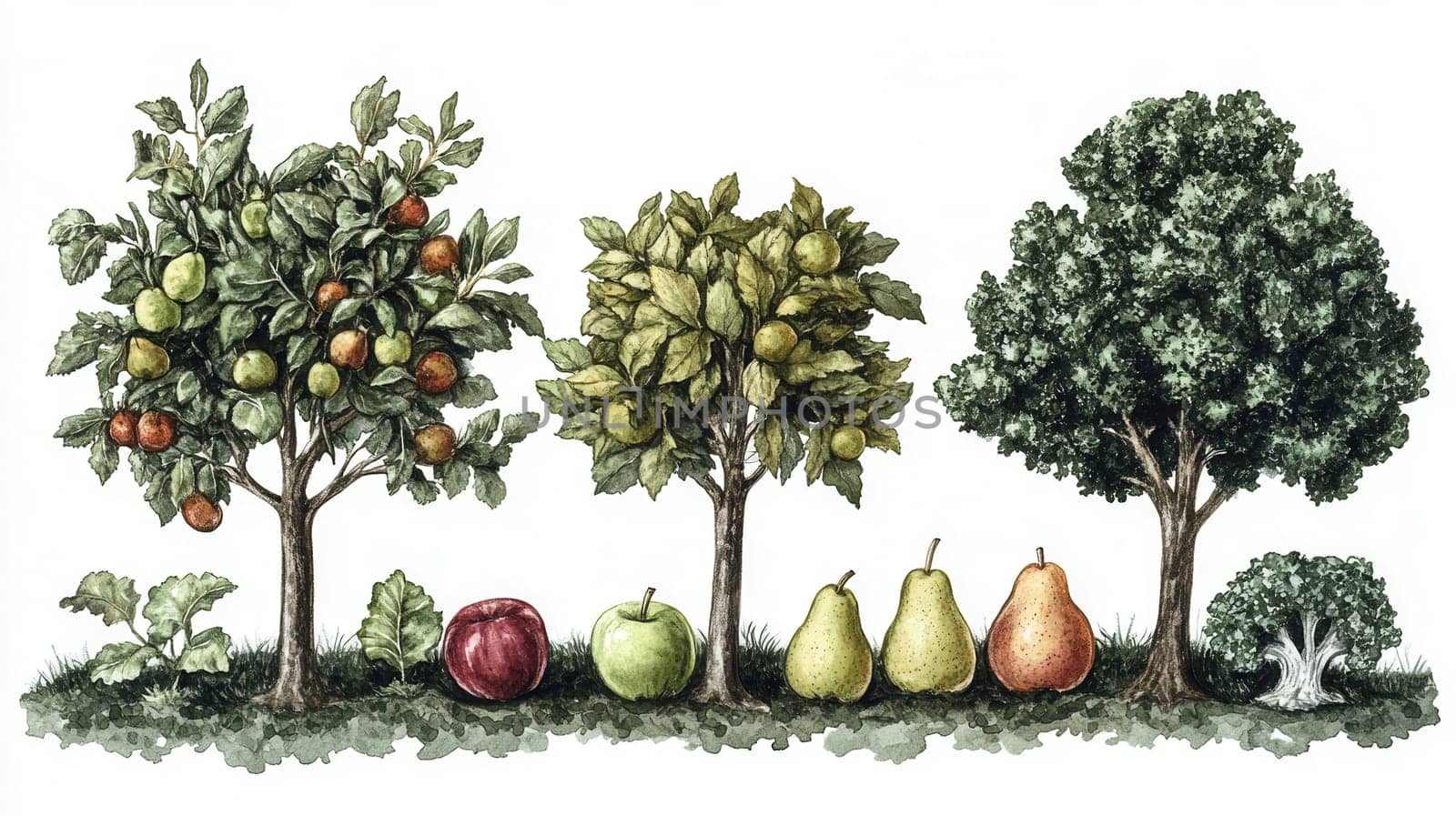 Detailed botanical drawing showcasing different fruits