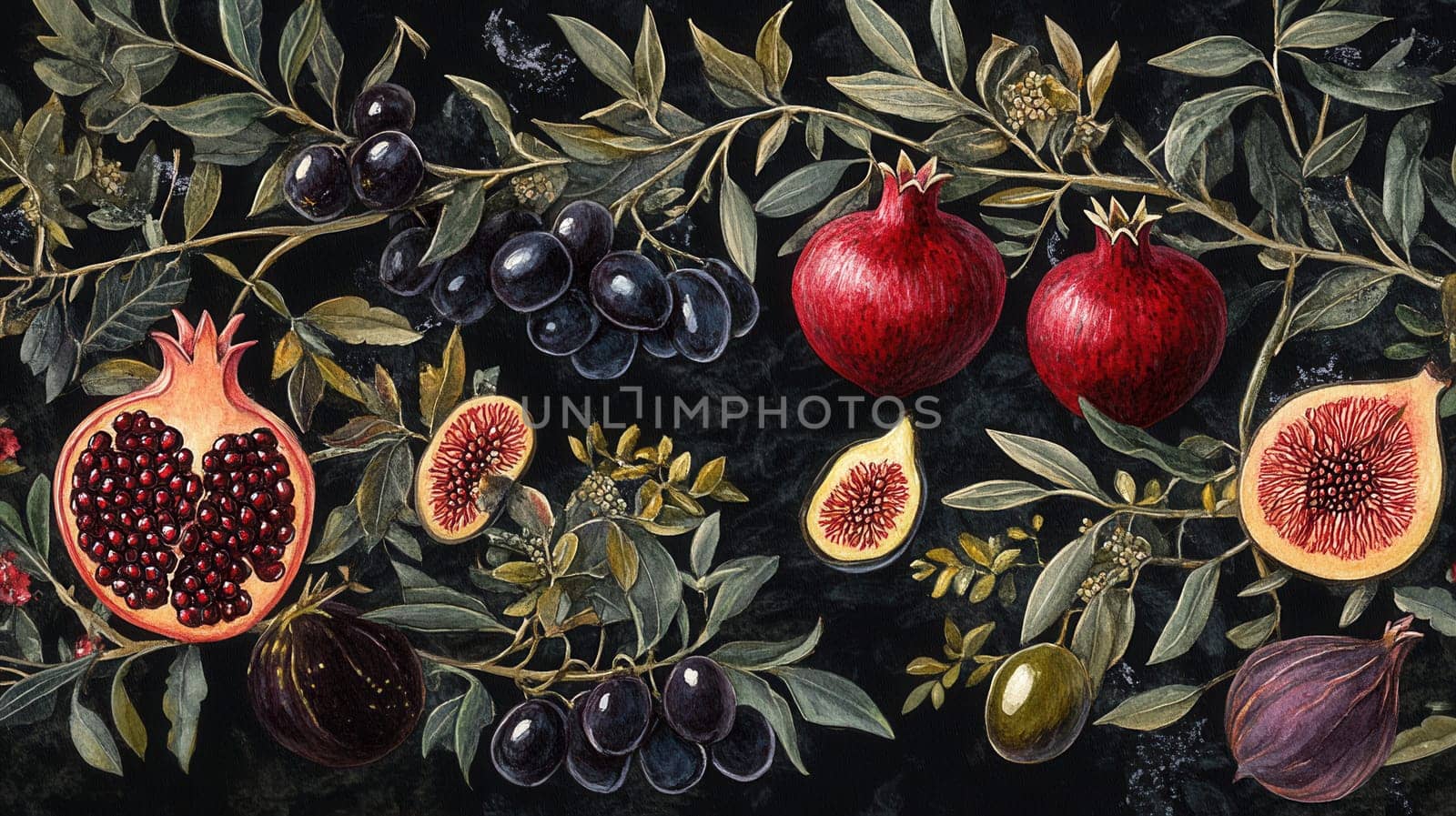 Detailed exotic fruits watercolor illustration on dark