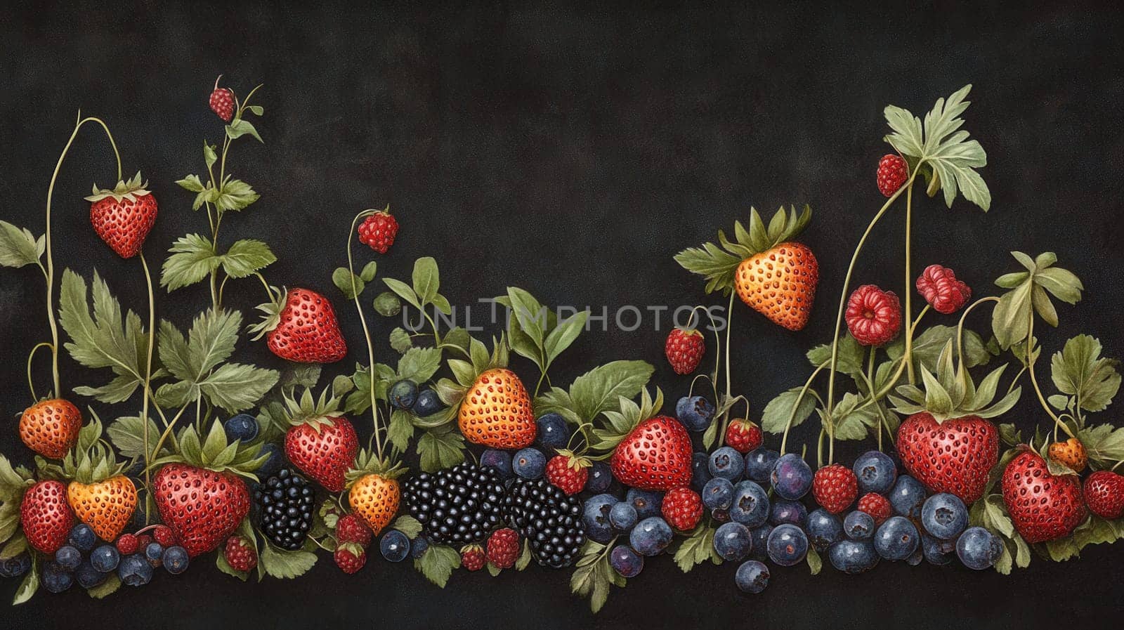 Detailed watercolor illustration of berries on dark