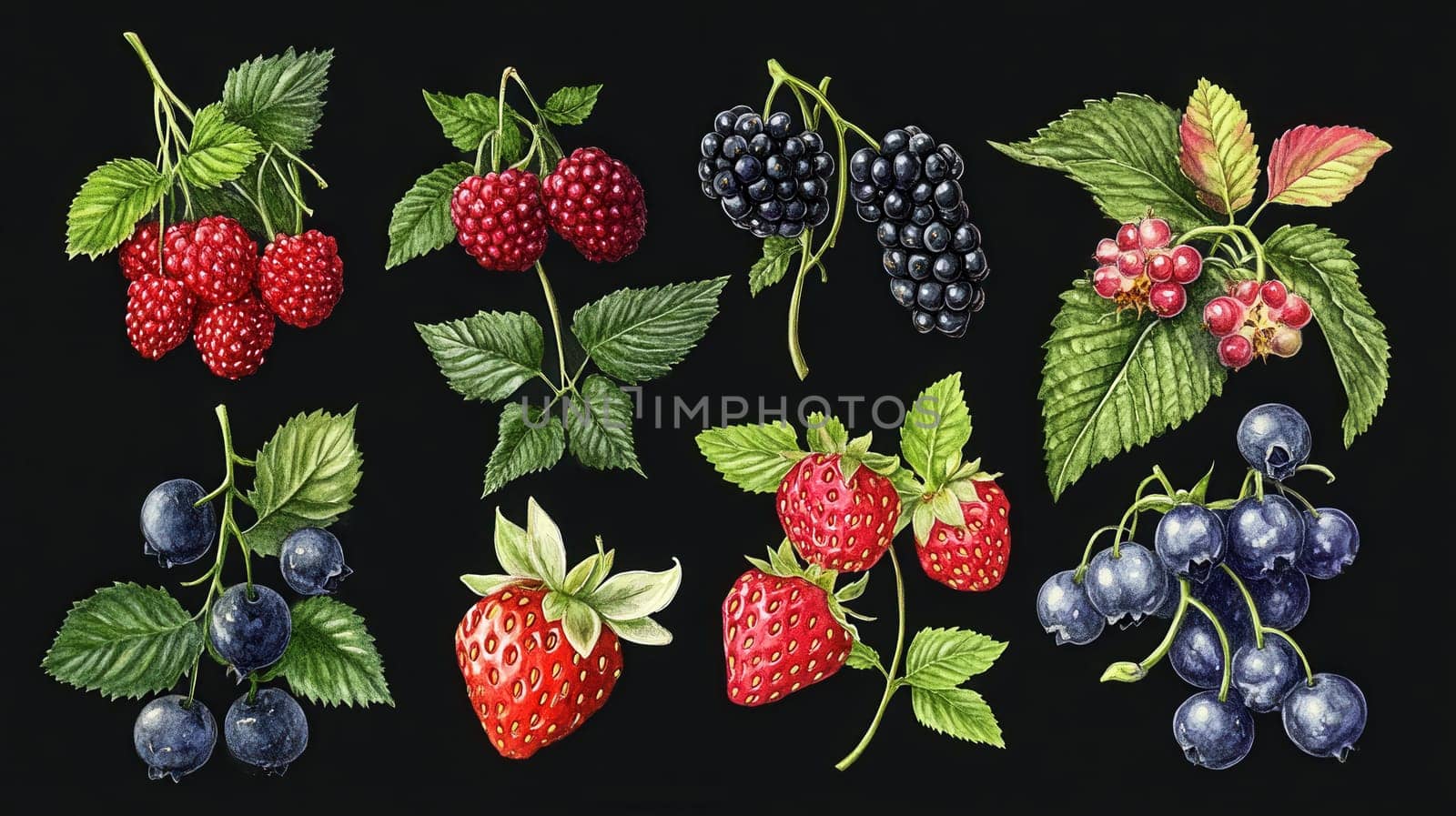 Detailed watercolor illustration of berries on dark