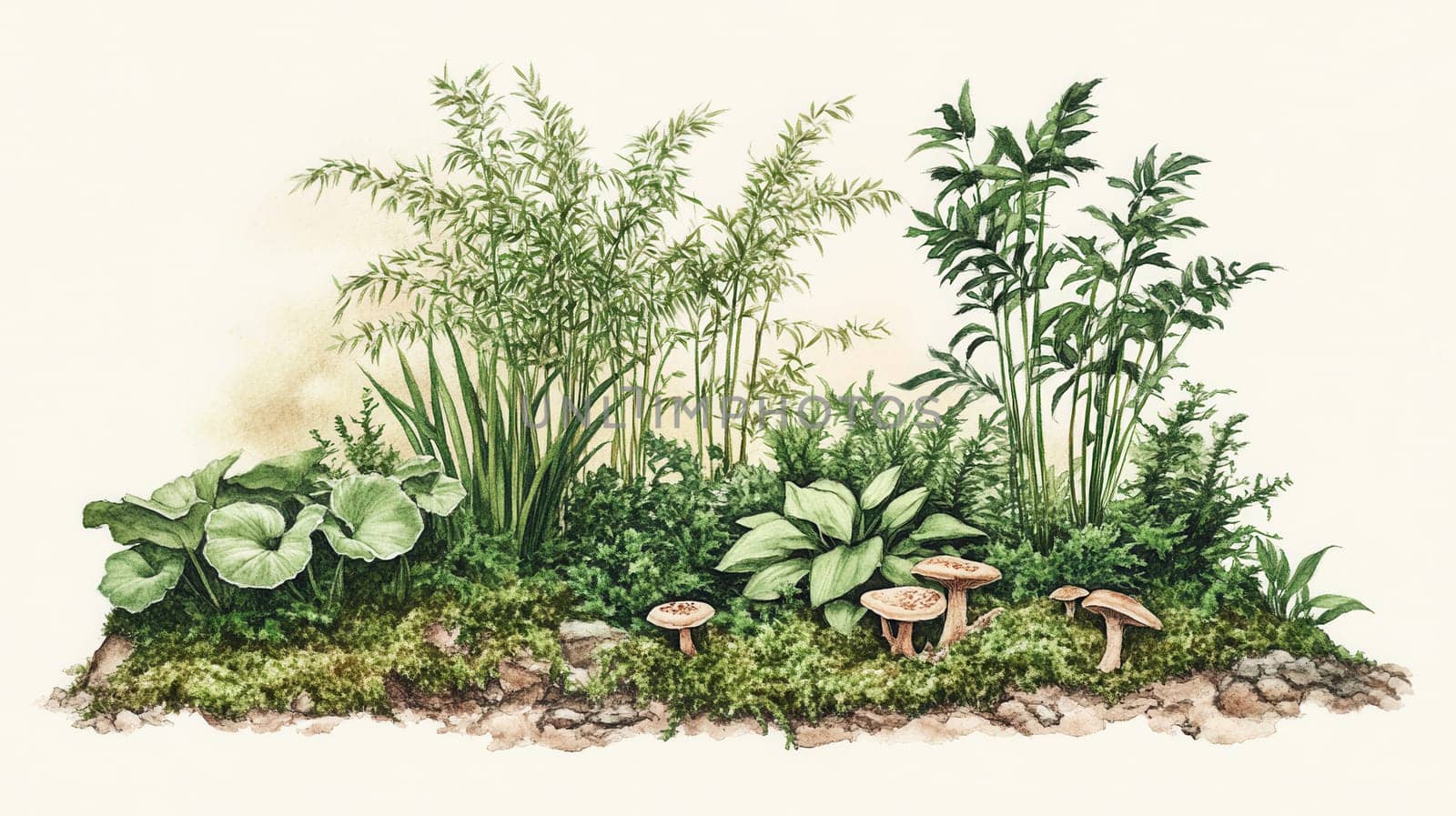 Detailed botanical illustration with plants and mushrooms