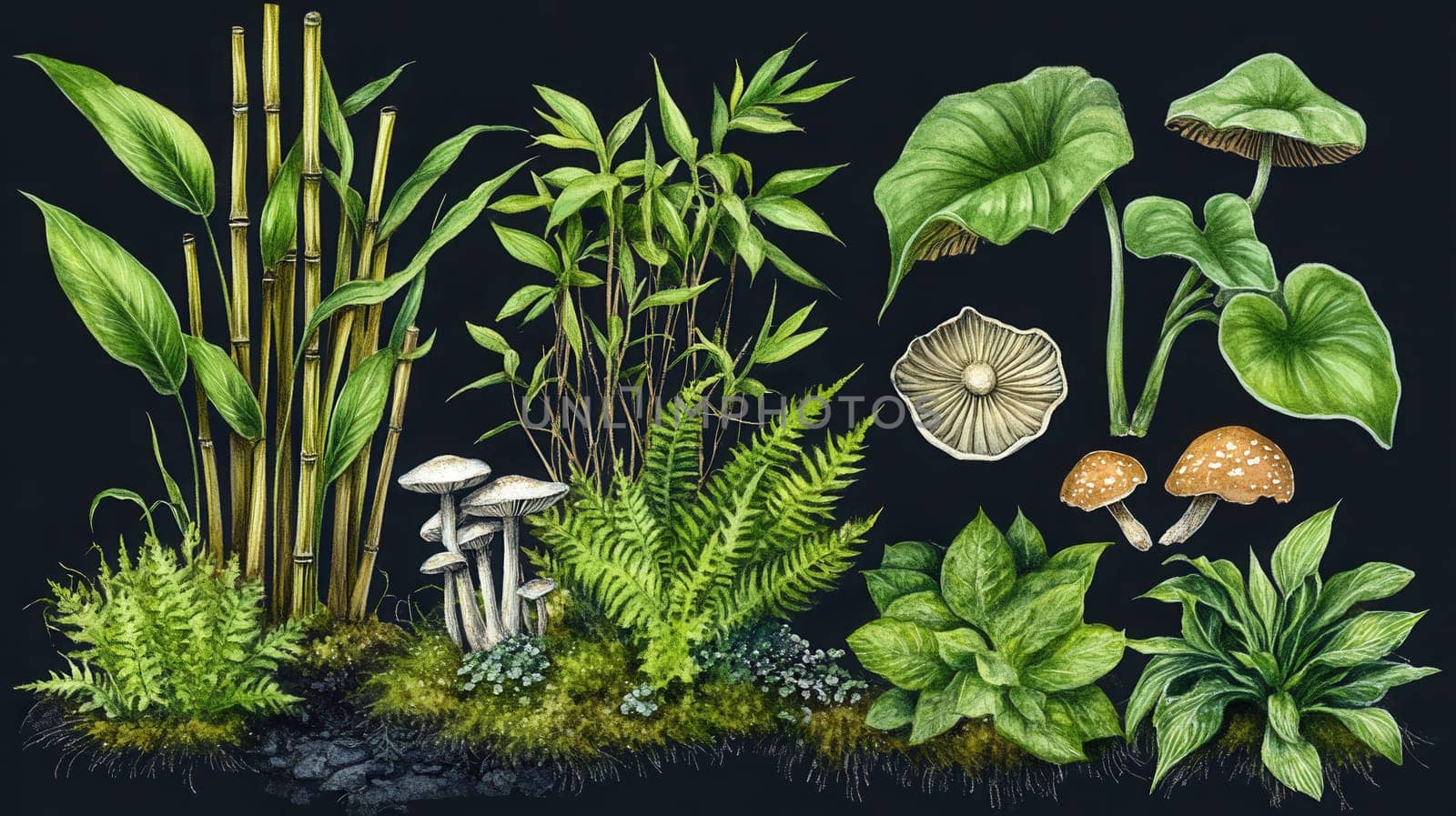 Detailed botanical illustration with plants and mushrooms