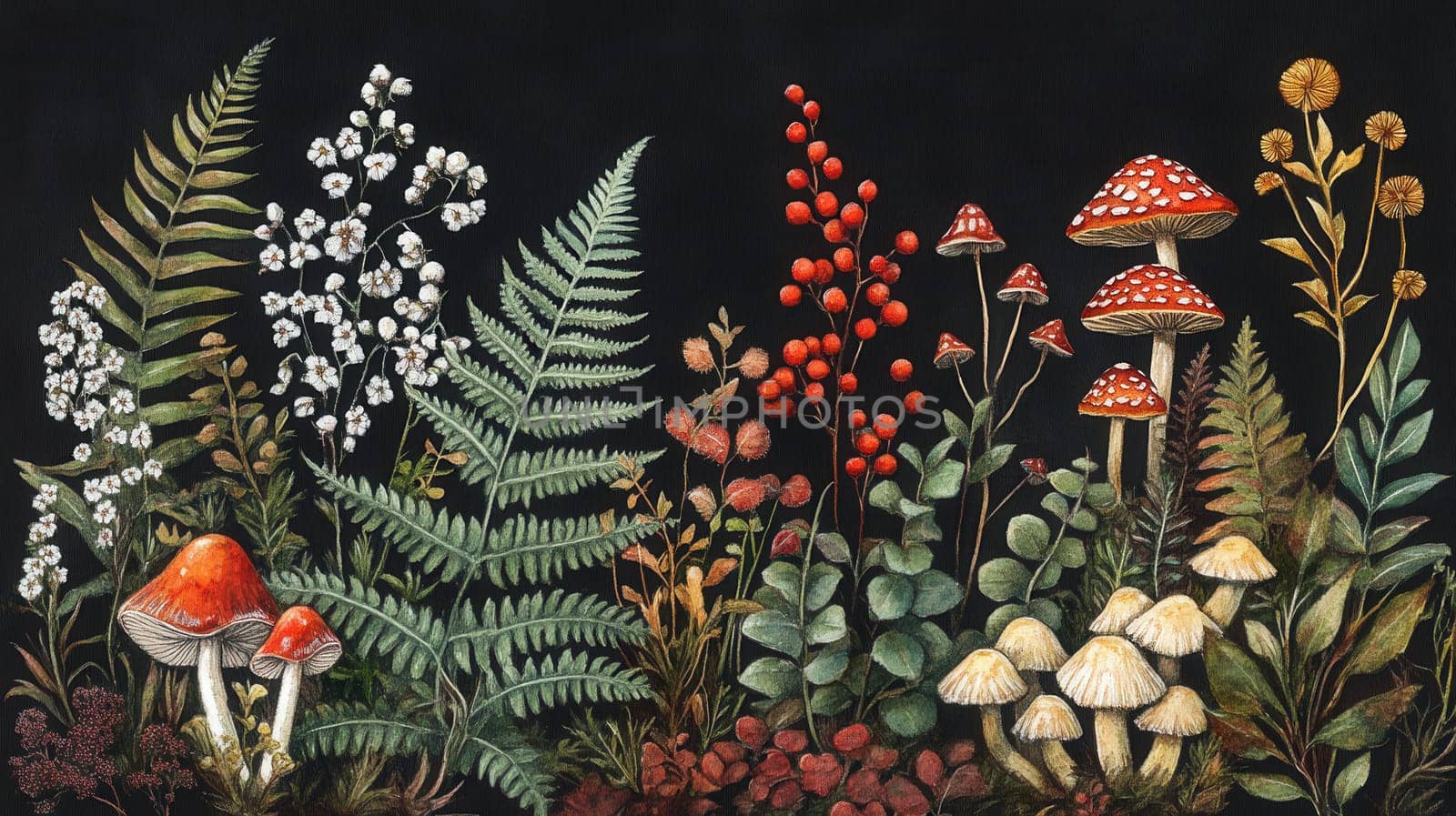 Detailed botanical illustration with plants and mushrooms