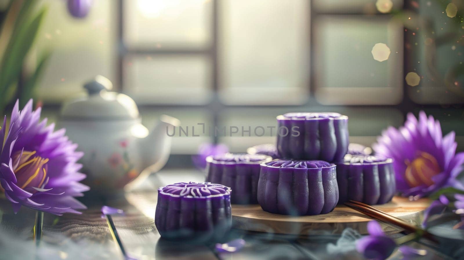Delicious purple mooncakes beautifully arranged, complemented by exquisite purple flowers adorning the setting