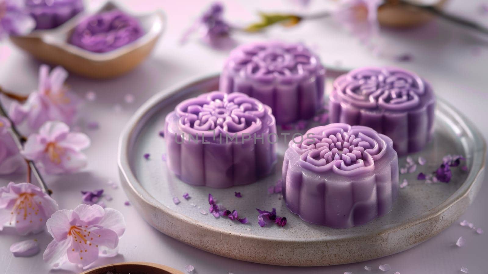 Delicious purple mooncakes beautifully arranged, complemented by exquisite purple flowers adorning the setting